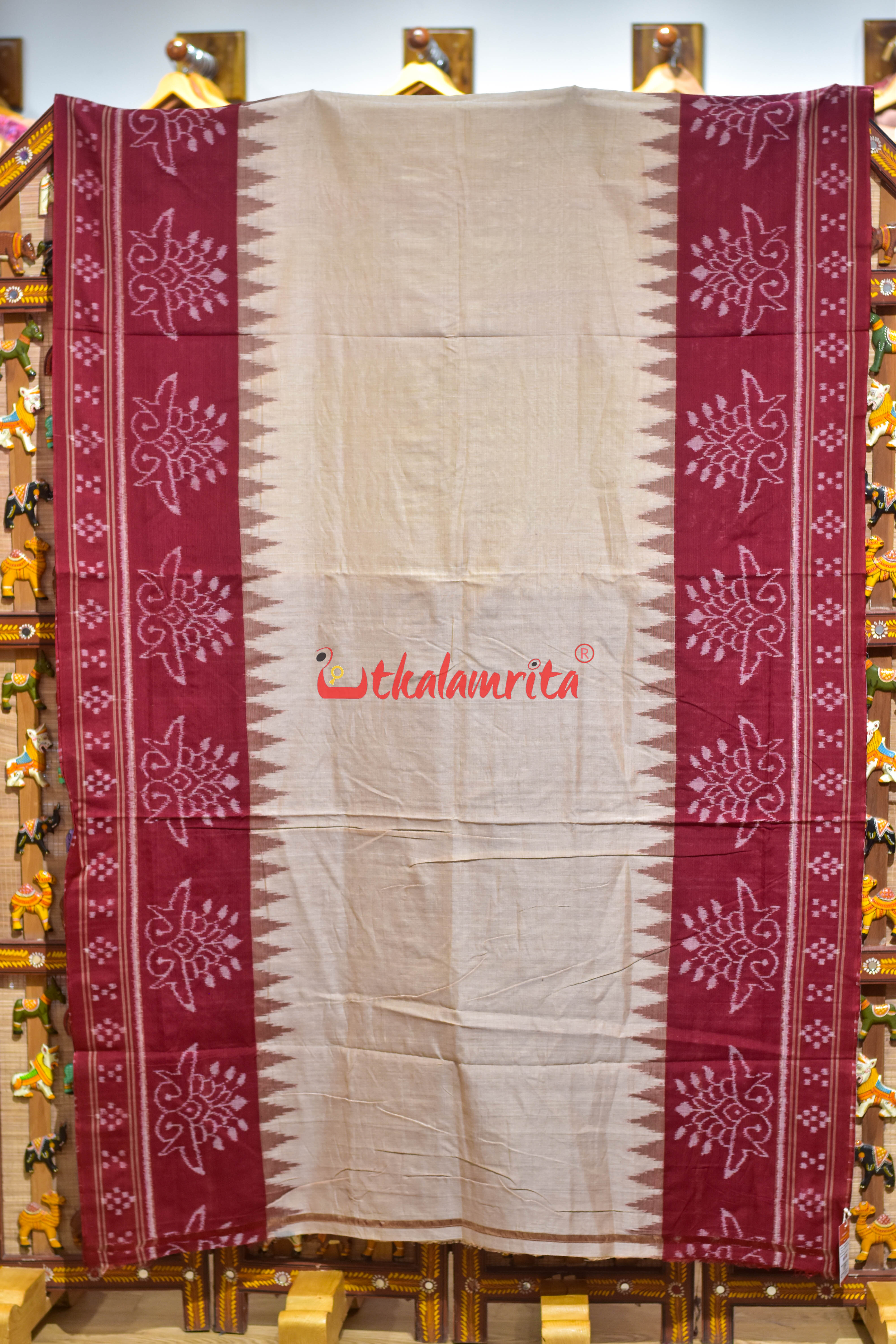 Tussarite with Maroon Flower Khandua Cotton Saree