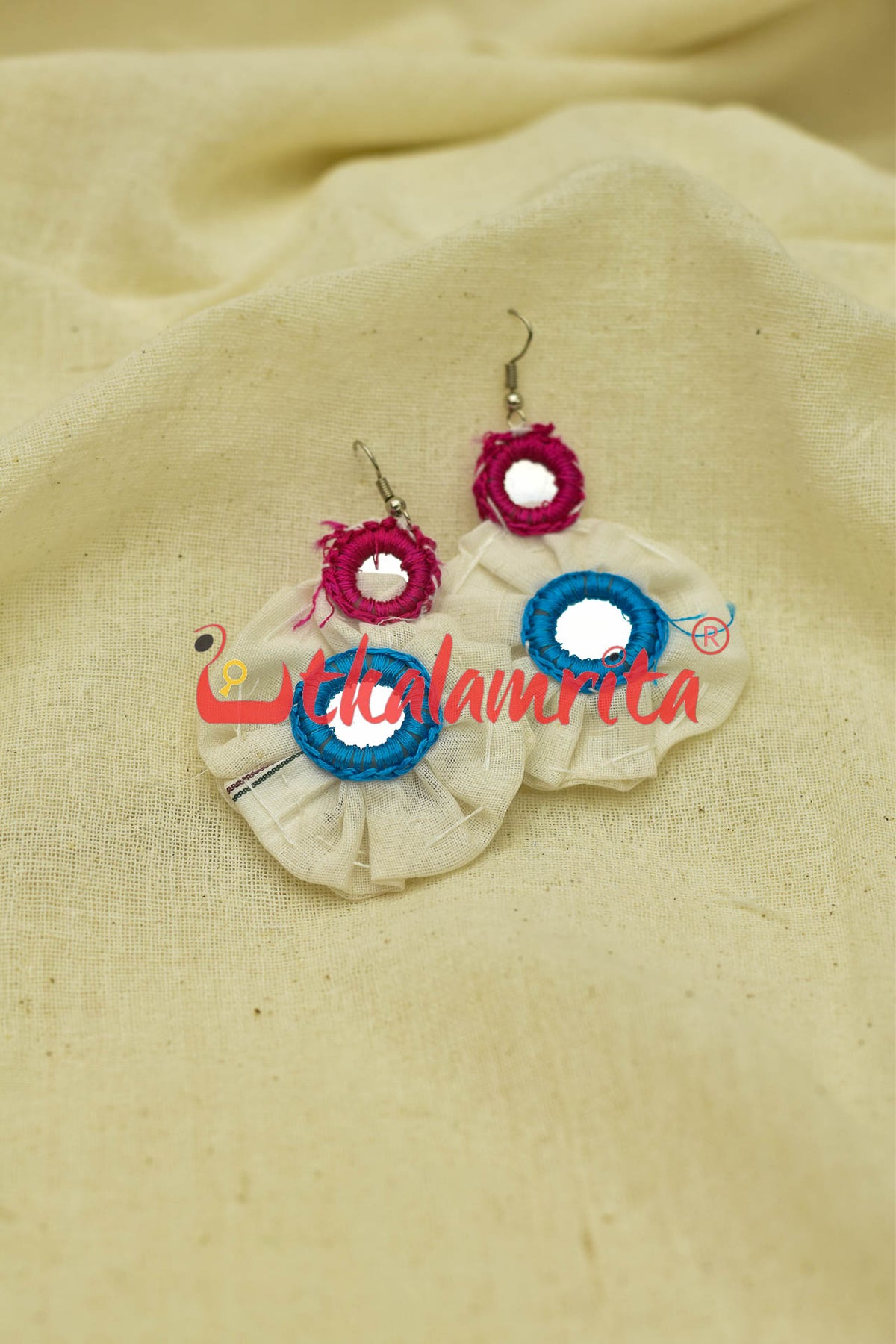 White Pipli Flowers Blue pink (Pipli applique danglers)