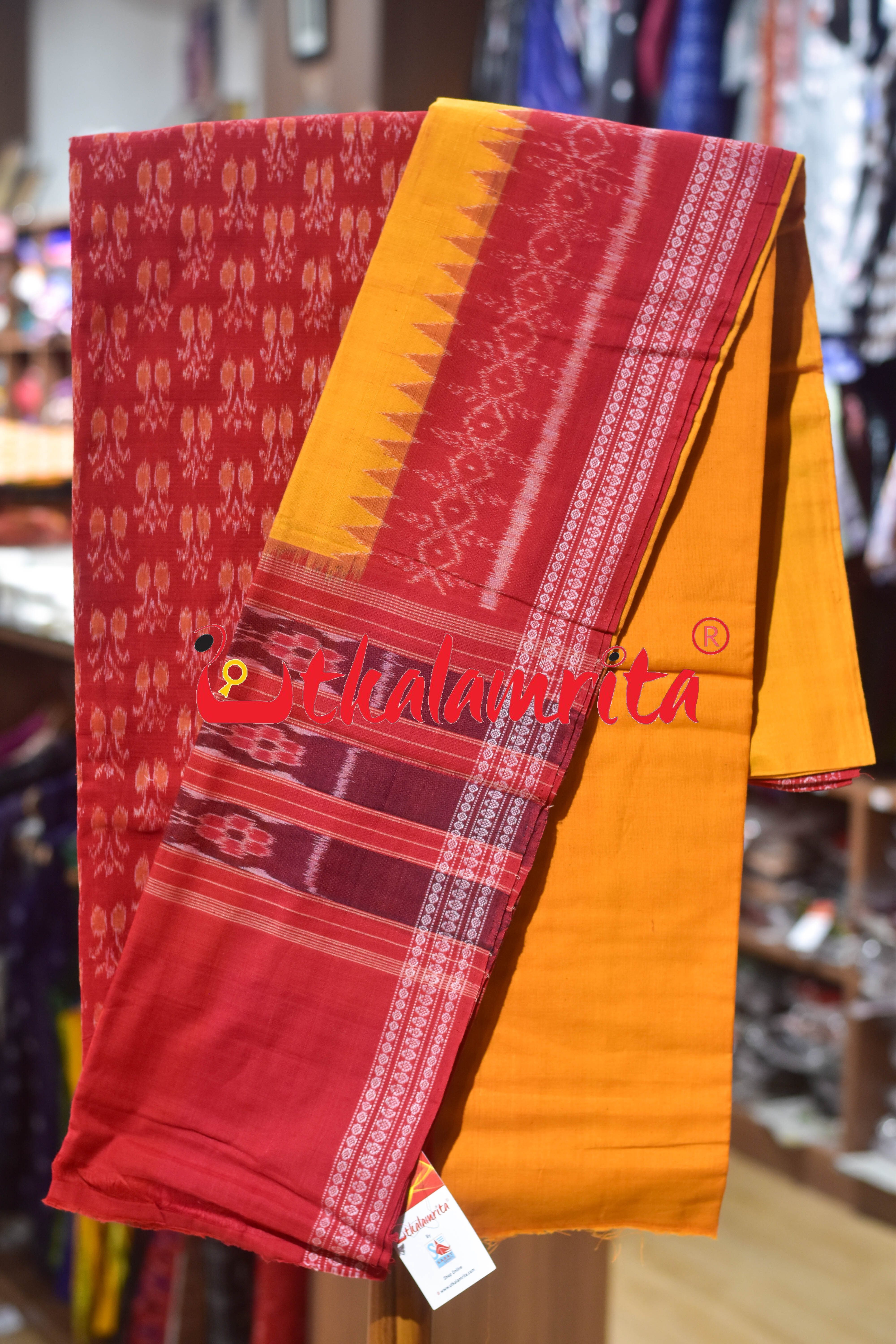 Red Yellow Double Flower Sambalpuri Cotton Dress Set