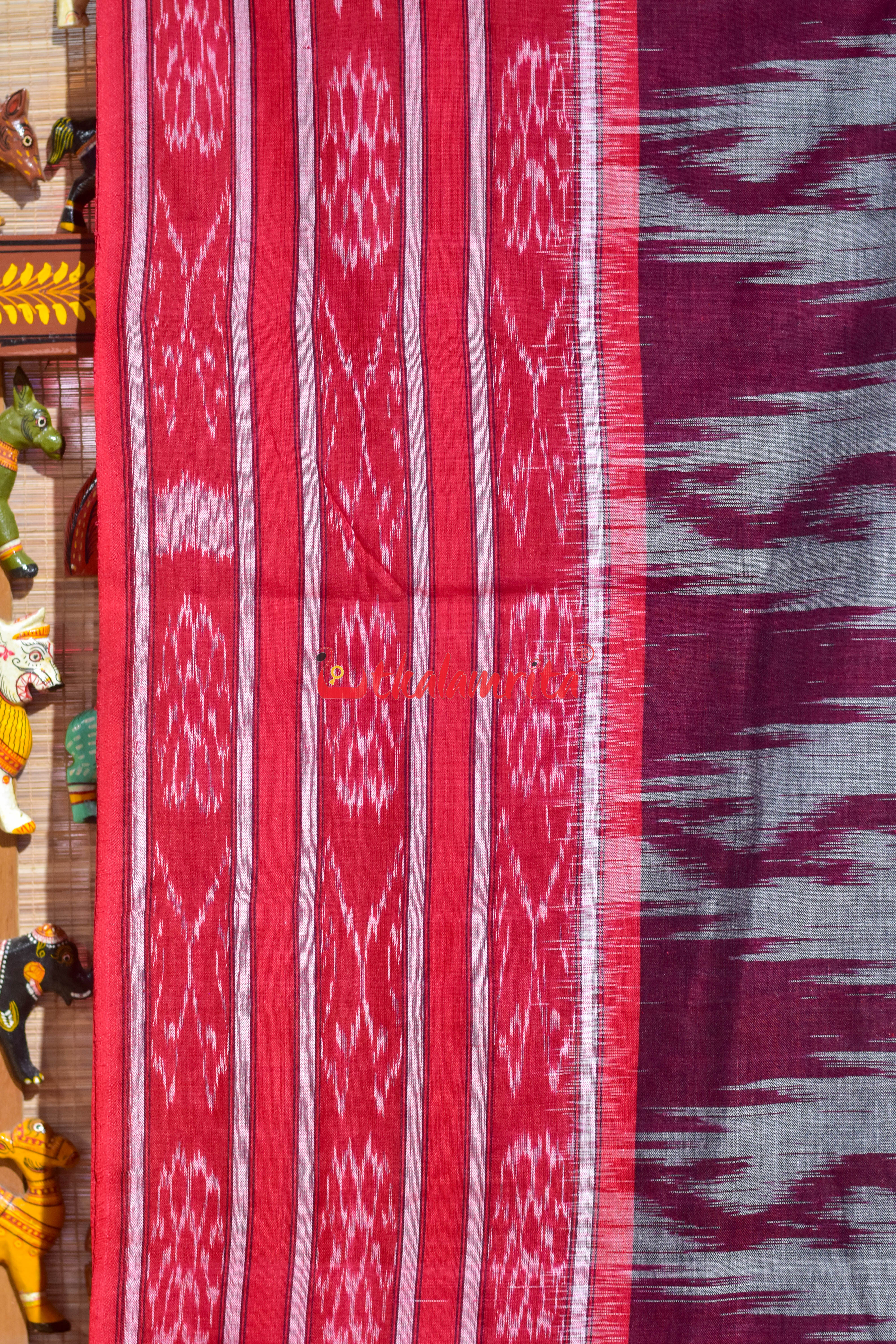 Grey Red Daali Scot Khandua Cotton Saree