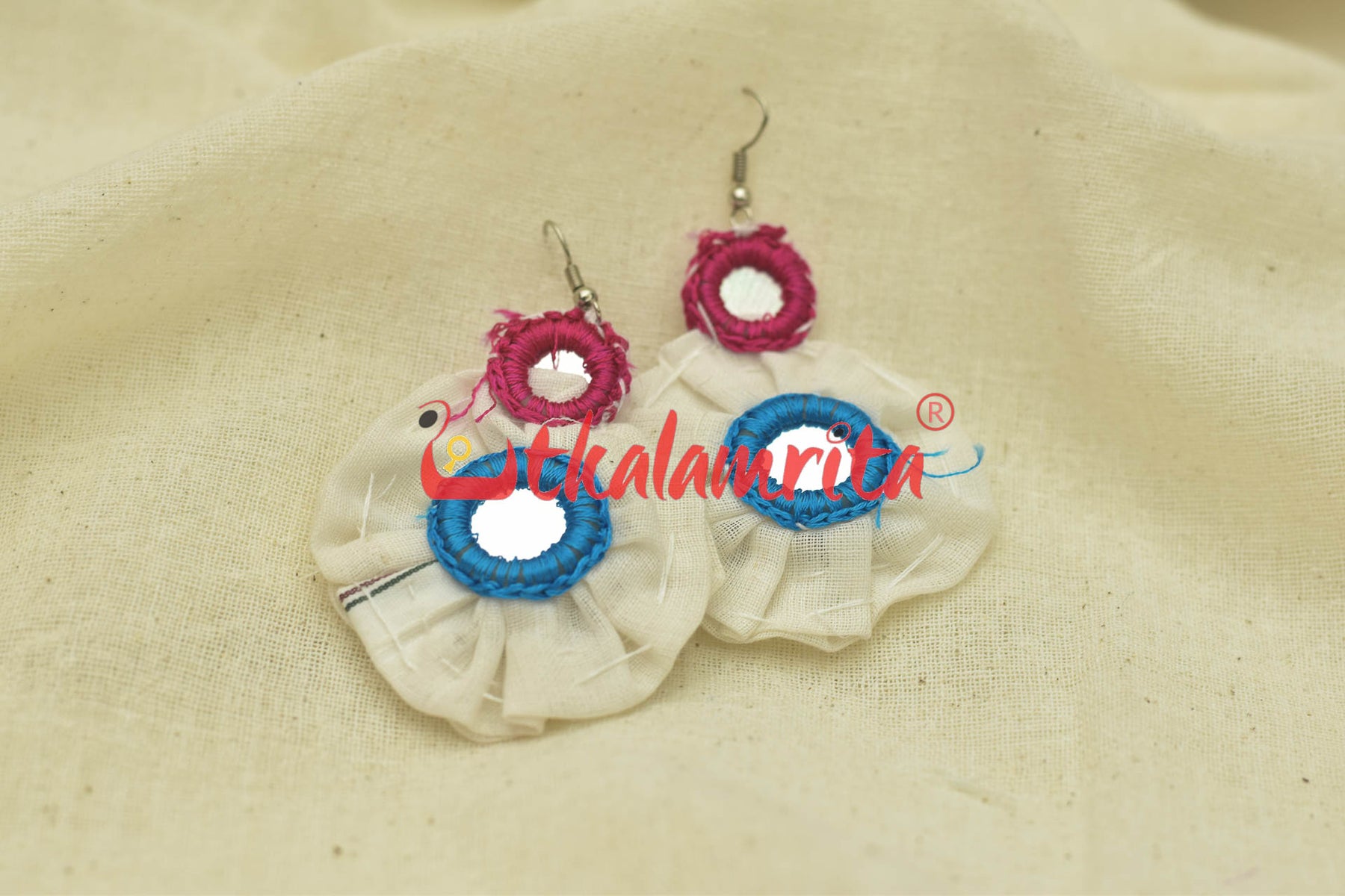 White Pipli Flowers Blue pink (Pipli applique danglers)