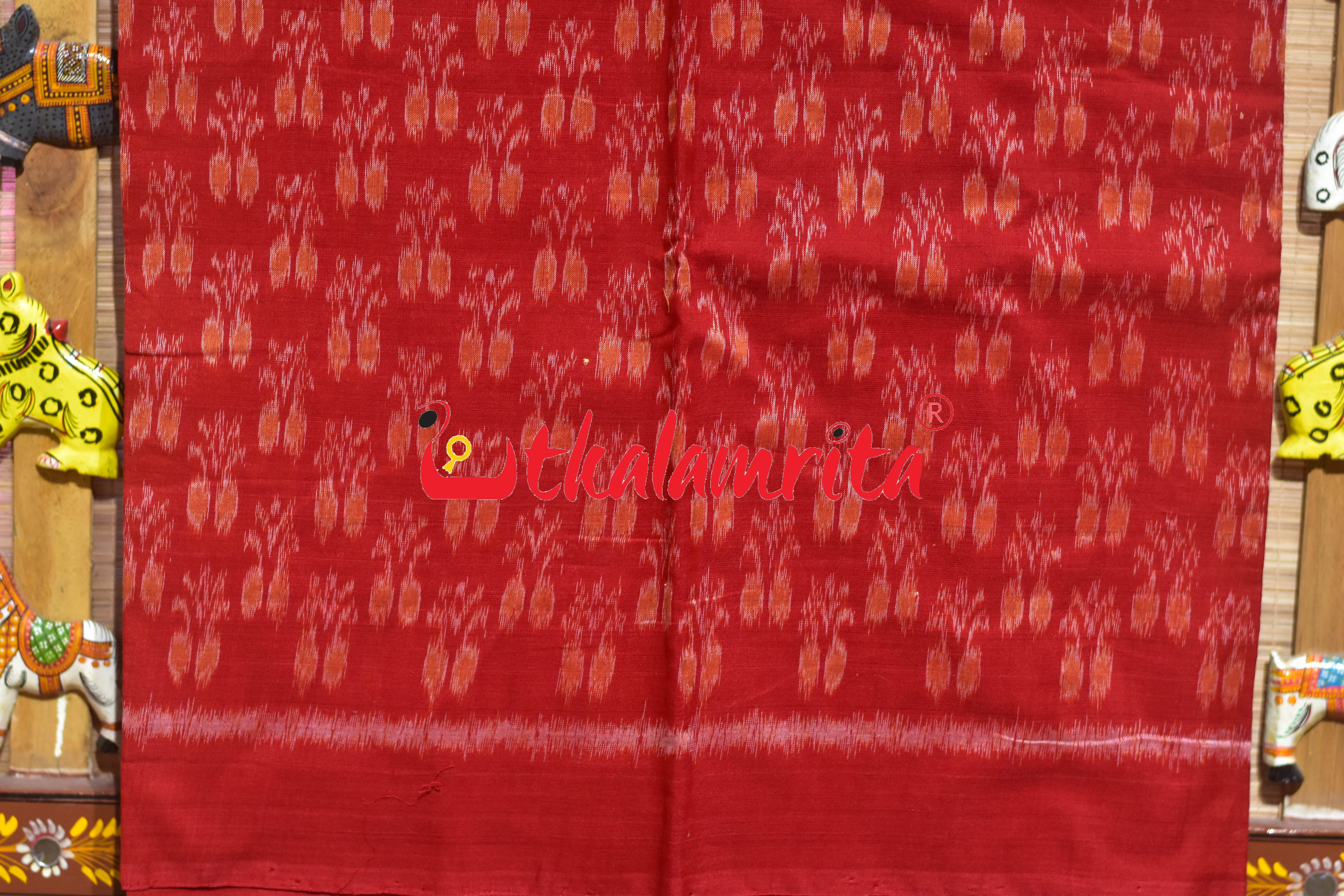 Red Yellow Double Flower Sambalpuri Cotton Dress Set
