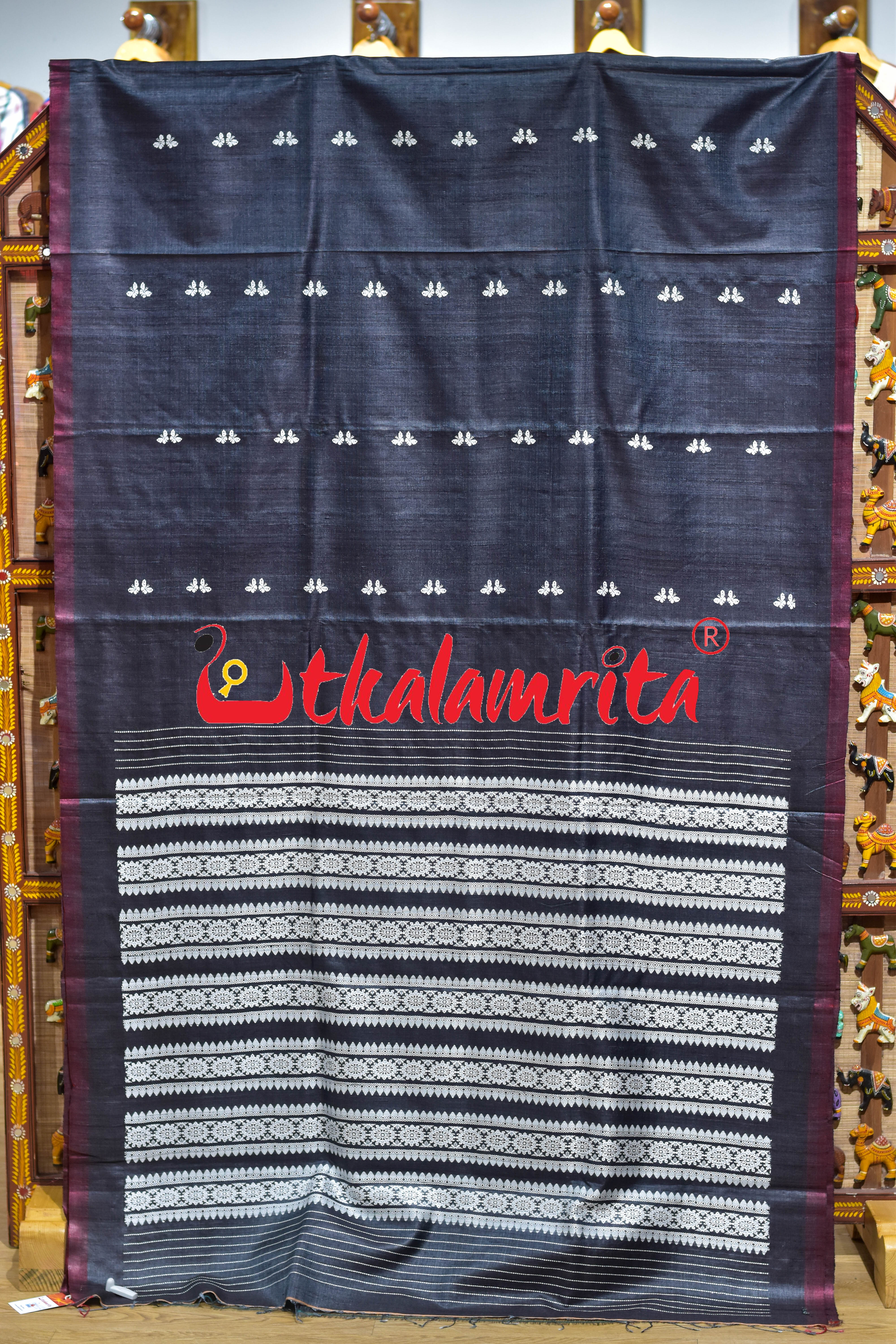 Black Maroon Butterfly Jala Anchal Gopalpur Tussar Silk Saree