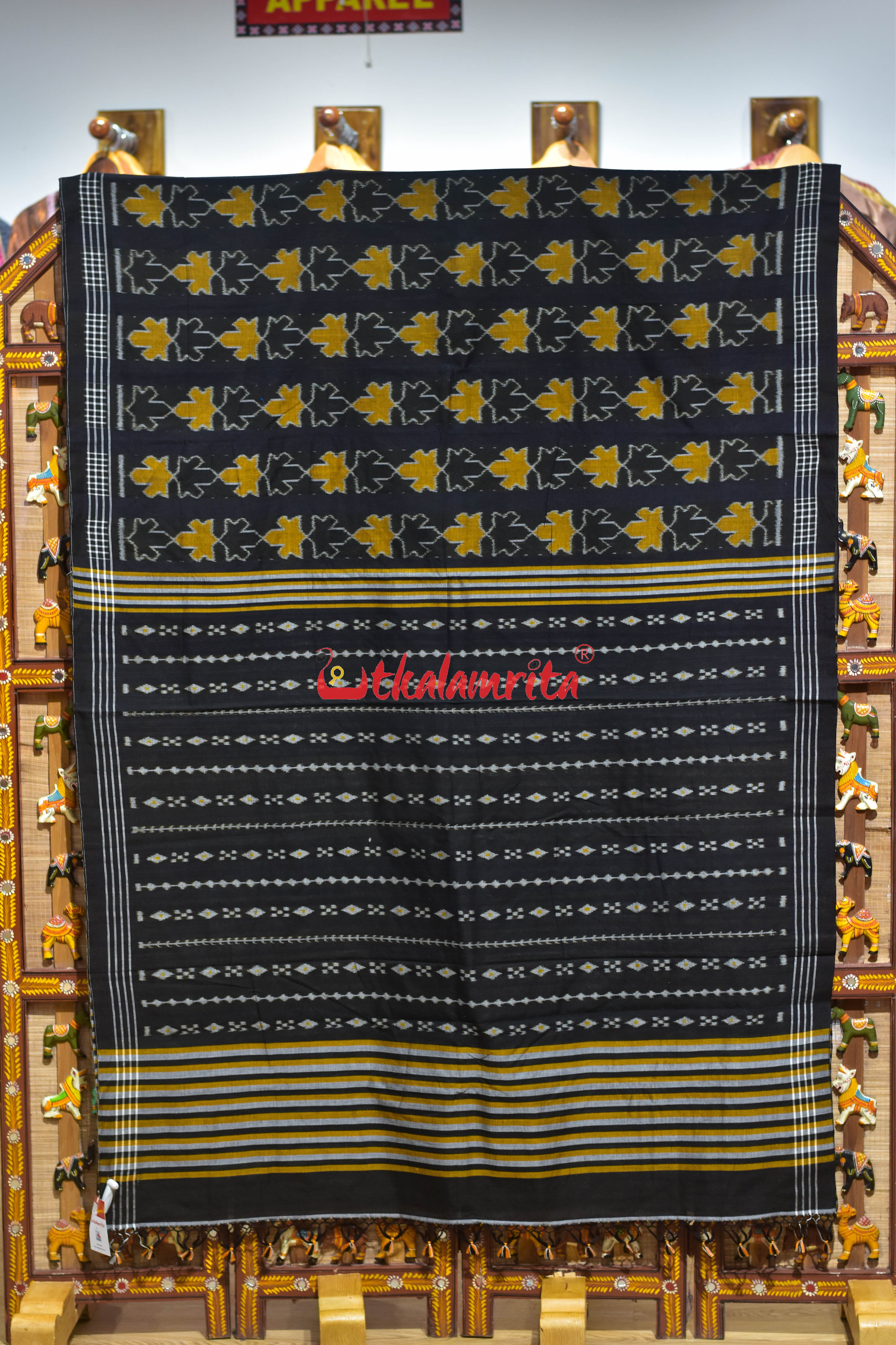 Kalara Patra Black Golden Khandua Ikat Cotton Saree