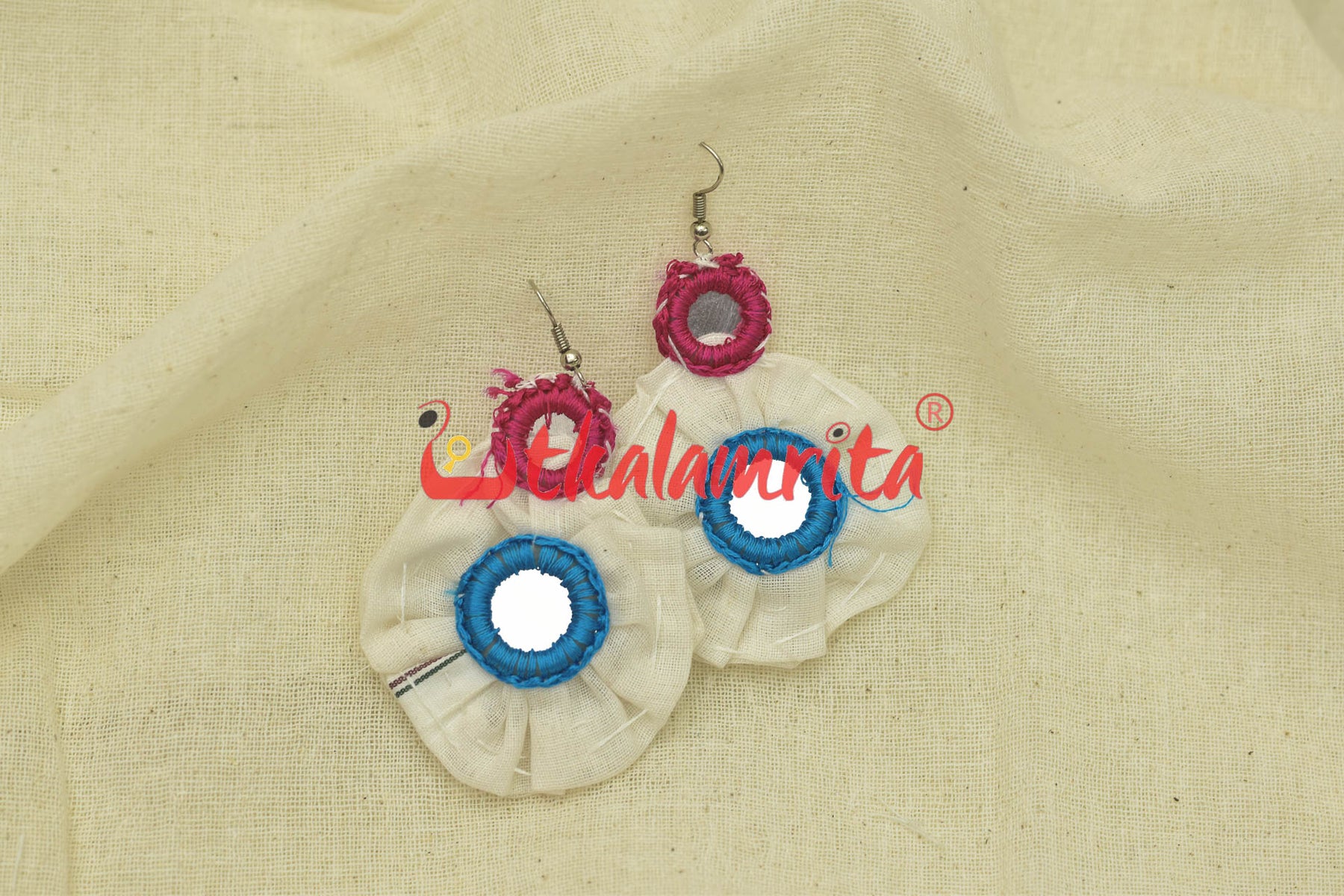 White Pipli Flowers Blue pink (Pipli applique danglers)