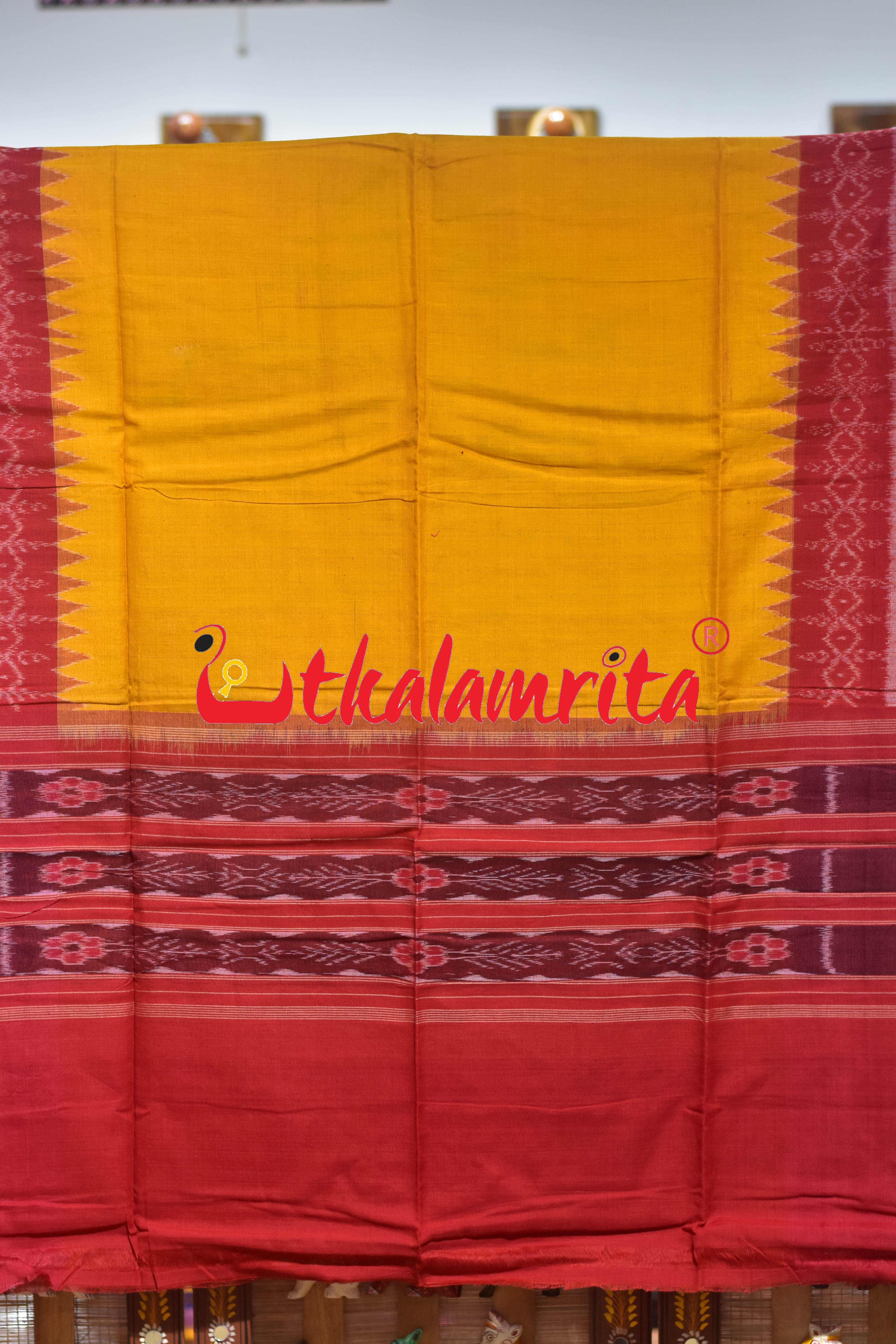 Red Yellow Double Flower Sambalpuri Cotton Dress Set