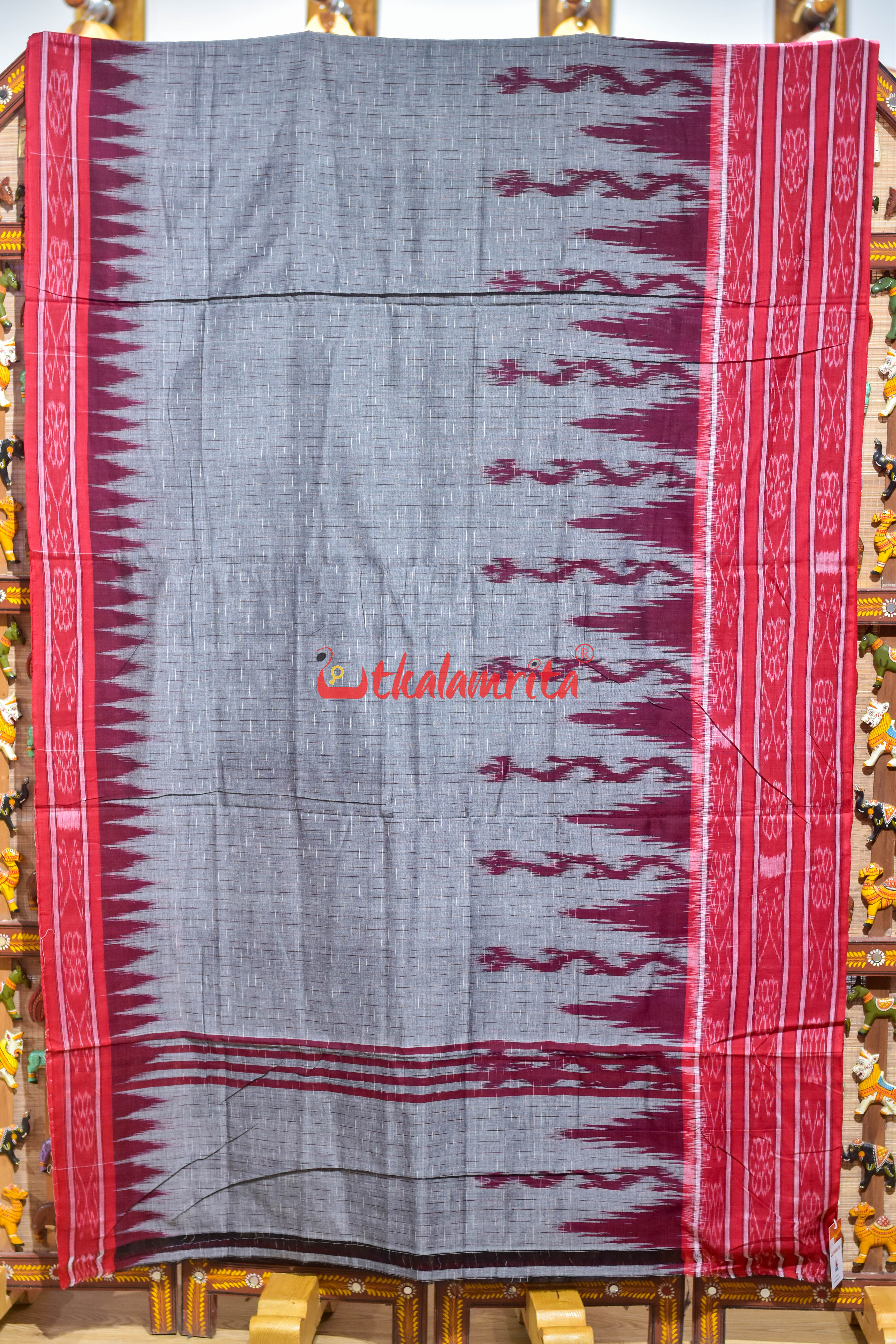 Grey Red Daali Scot Khandua Cotton Saree