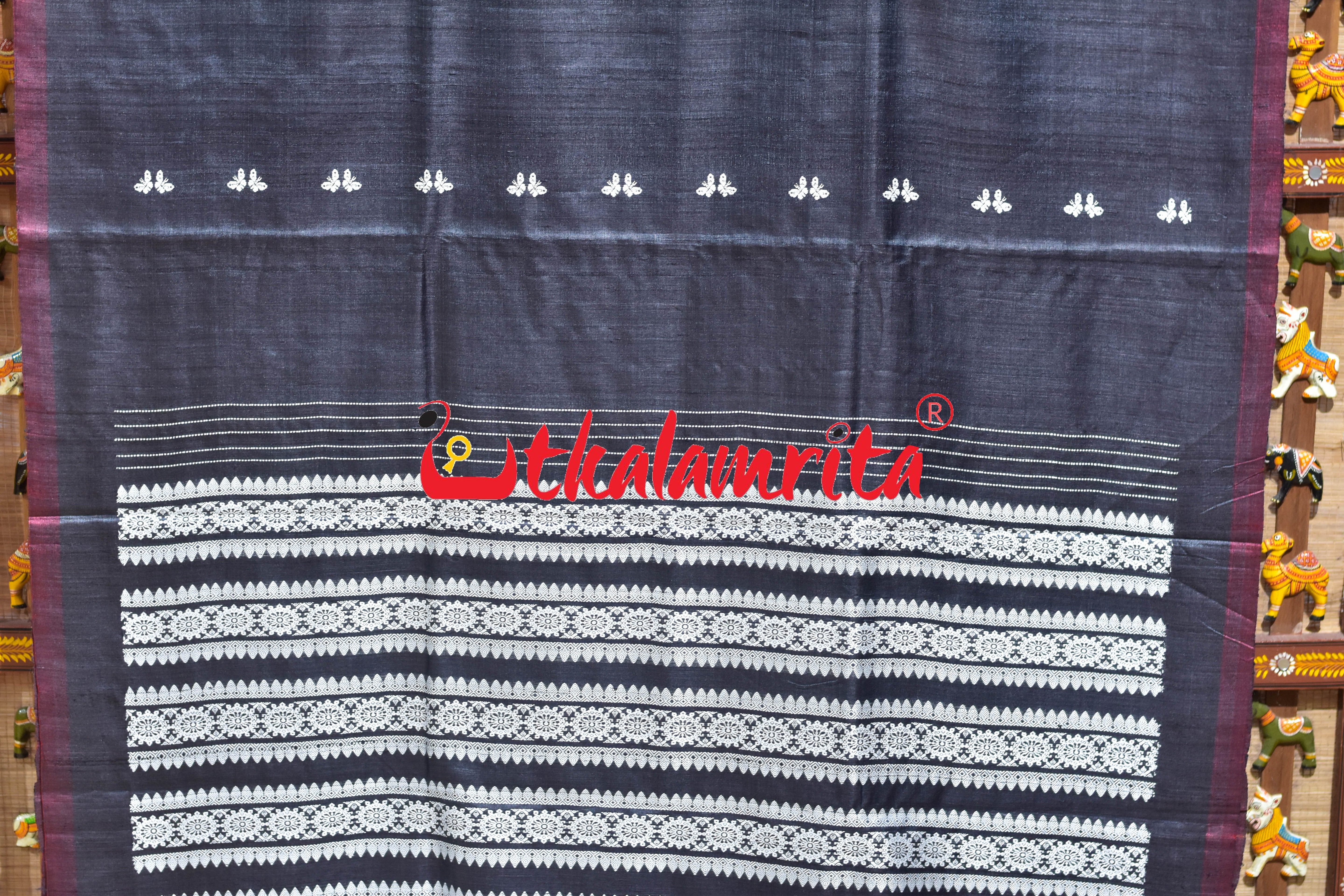 Black Maroon Butterfly Jala Anchal Gopalpur Tussar Silk Saree