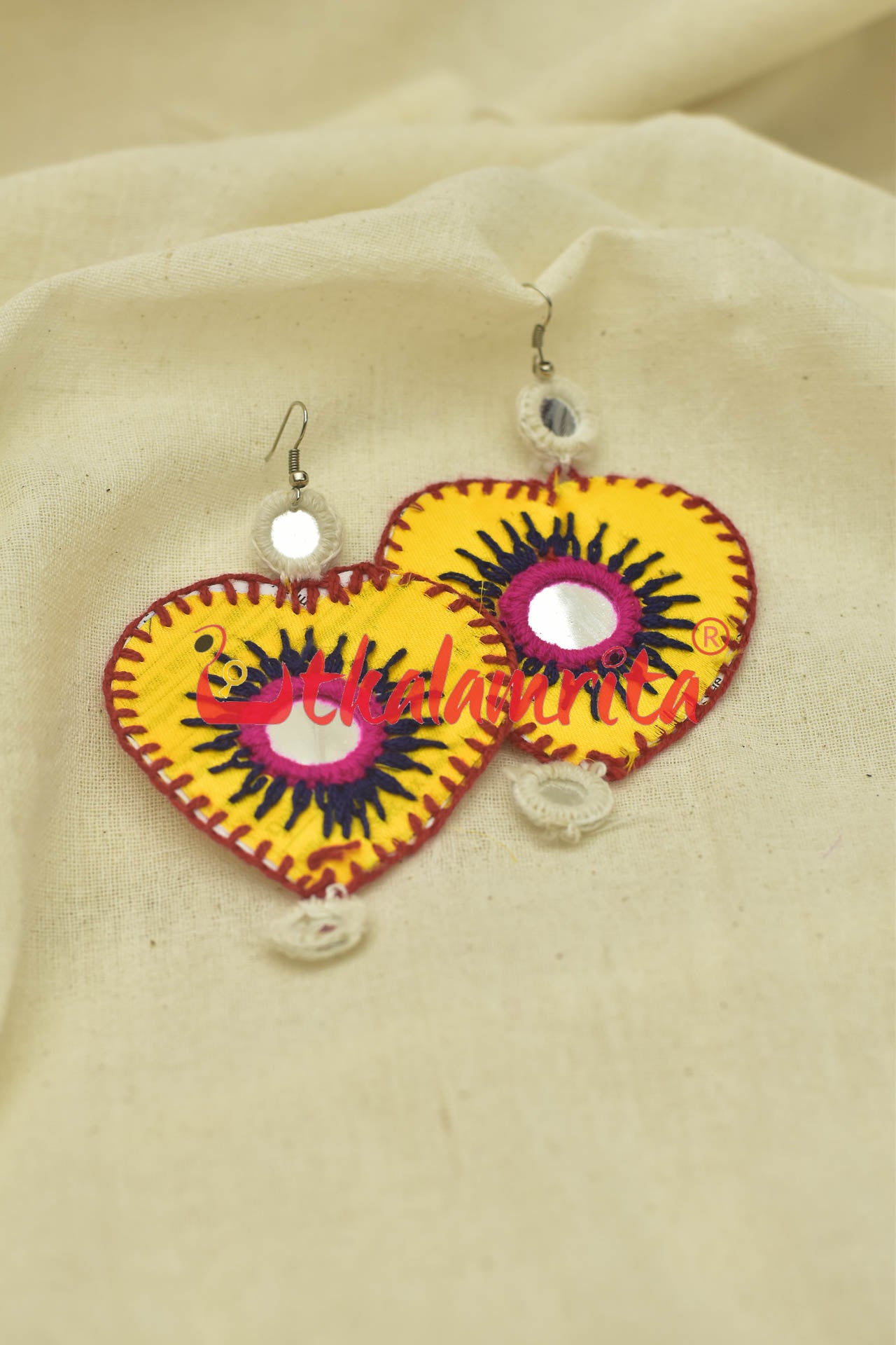 Yellow Hearts Double Mirrors (Pipli applique danglers)