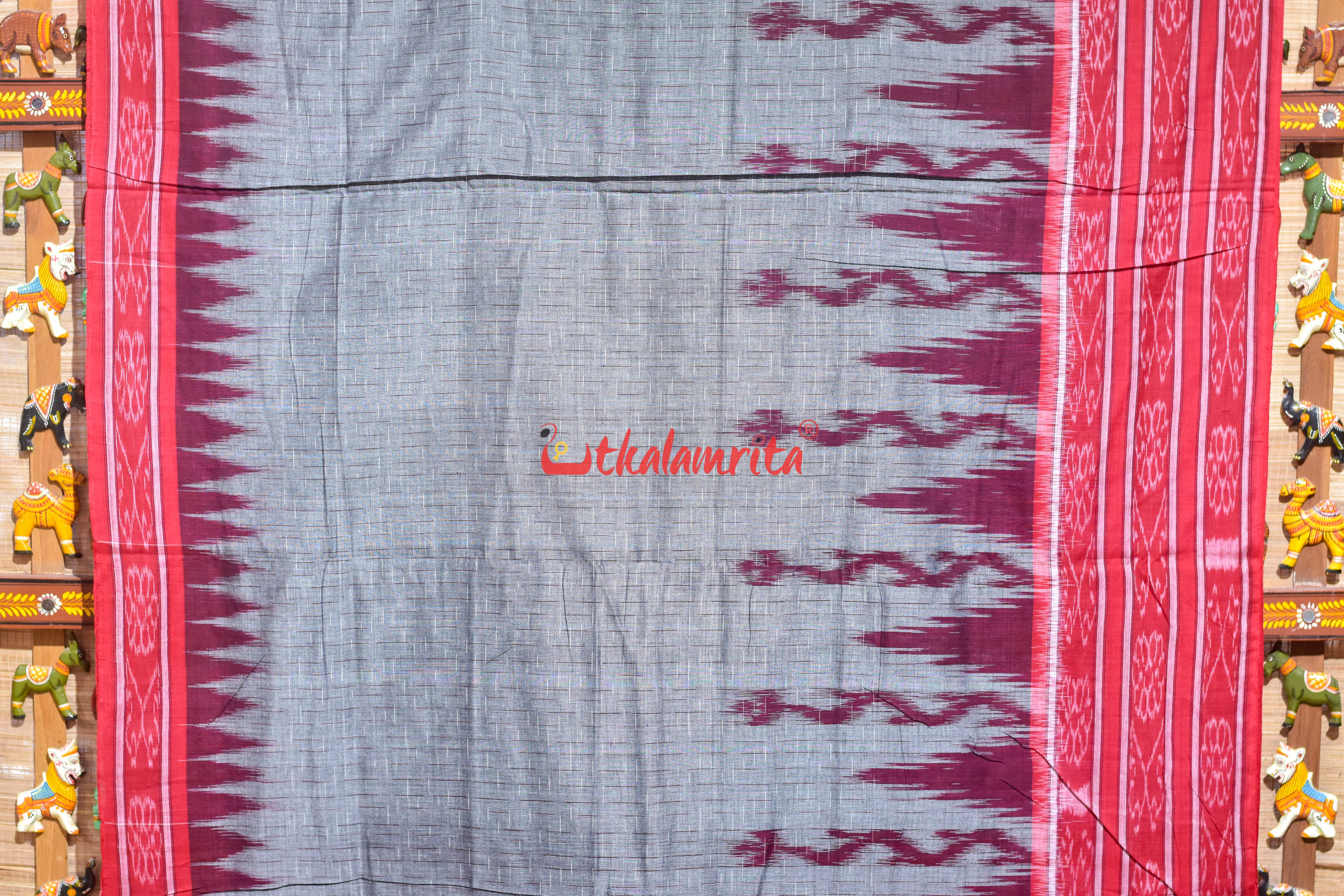 Grey Red Daali Scot Khandua Cotton Saree