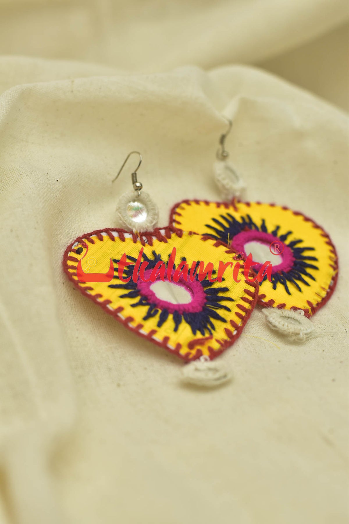 Yellow Hearts Double Mirrors (Pipli applique danglers)