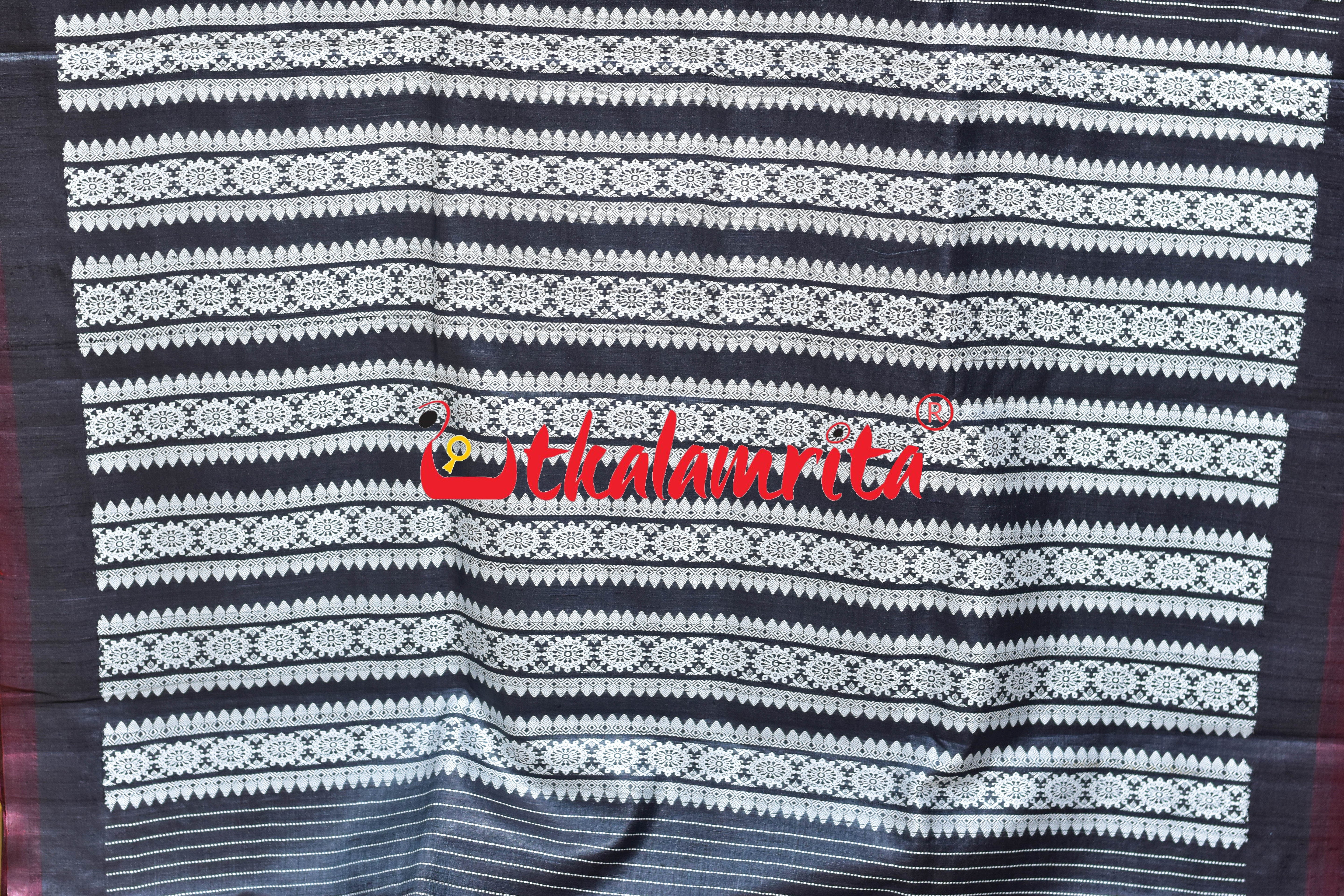 Black Maroon Butterfly Jala Anchal Gopalpur Tussar Silk Saree