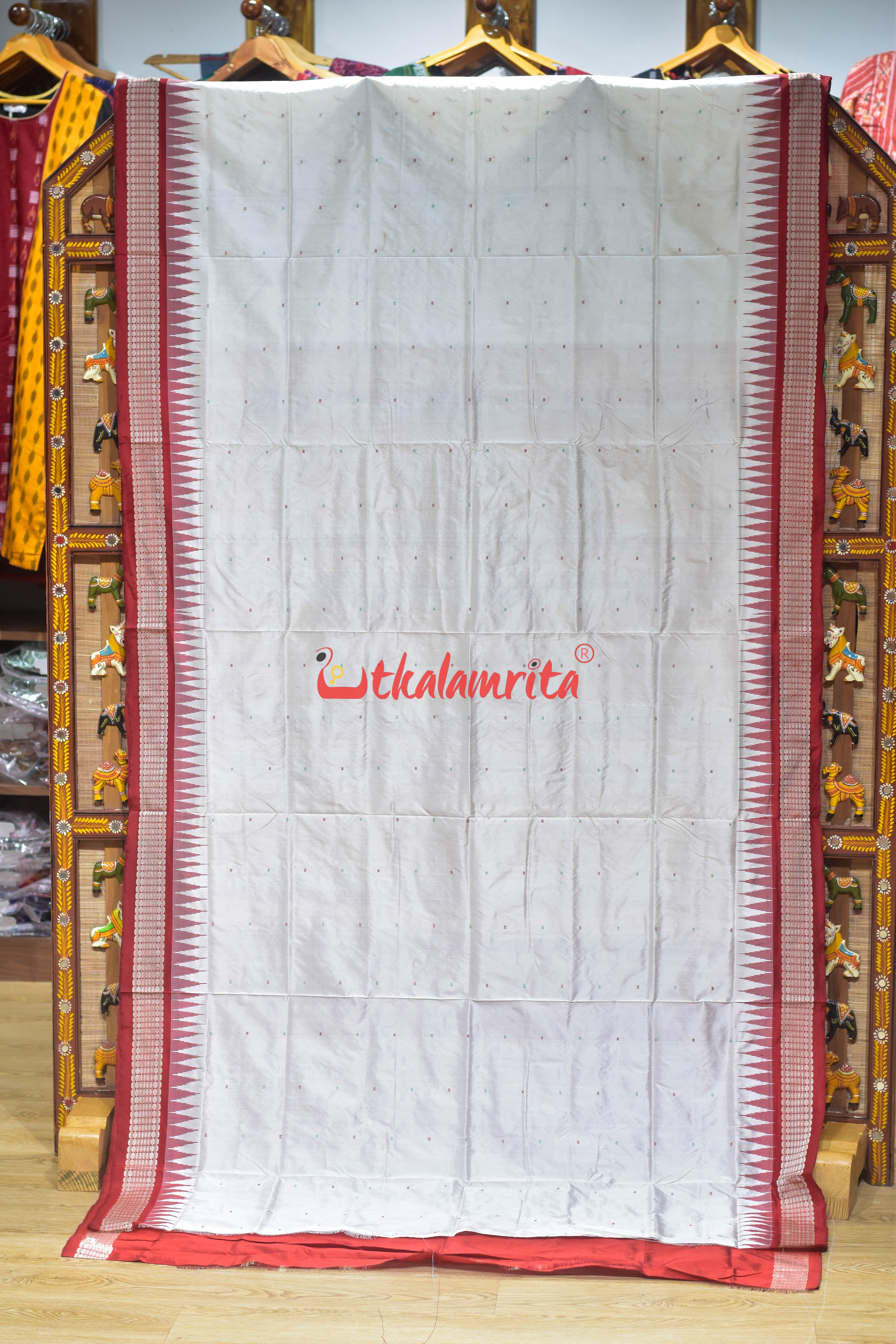 White with Red Buti Sambalpuri Silk Saree
