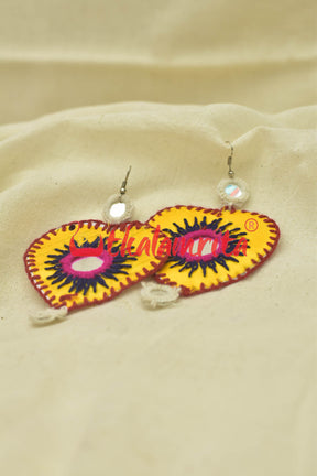 Yellow Hearts Double Mirrors (Pipli applique danglers)