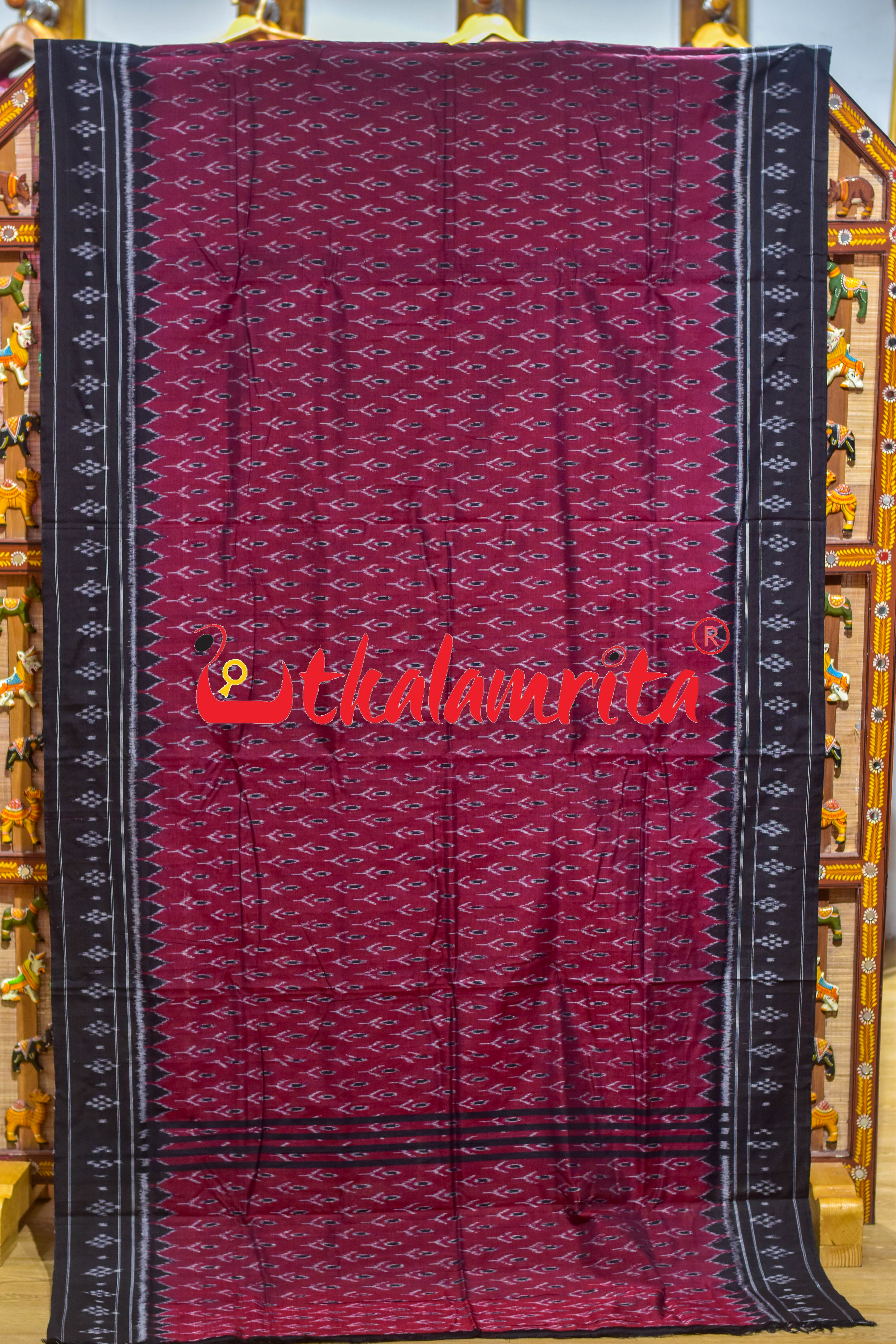 Maroon Black Labanga Khandua Cotton Saree