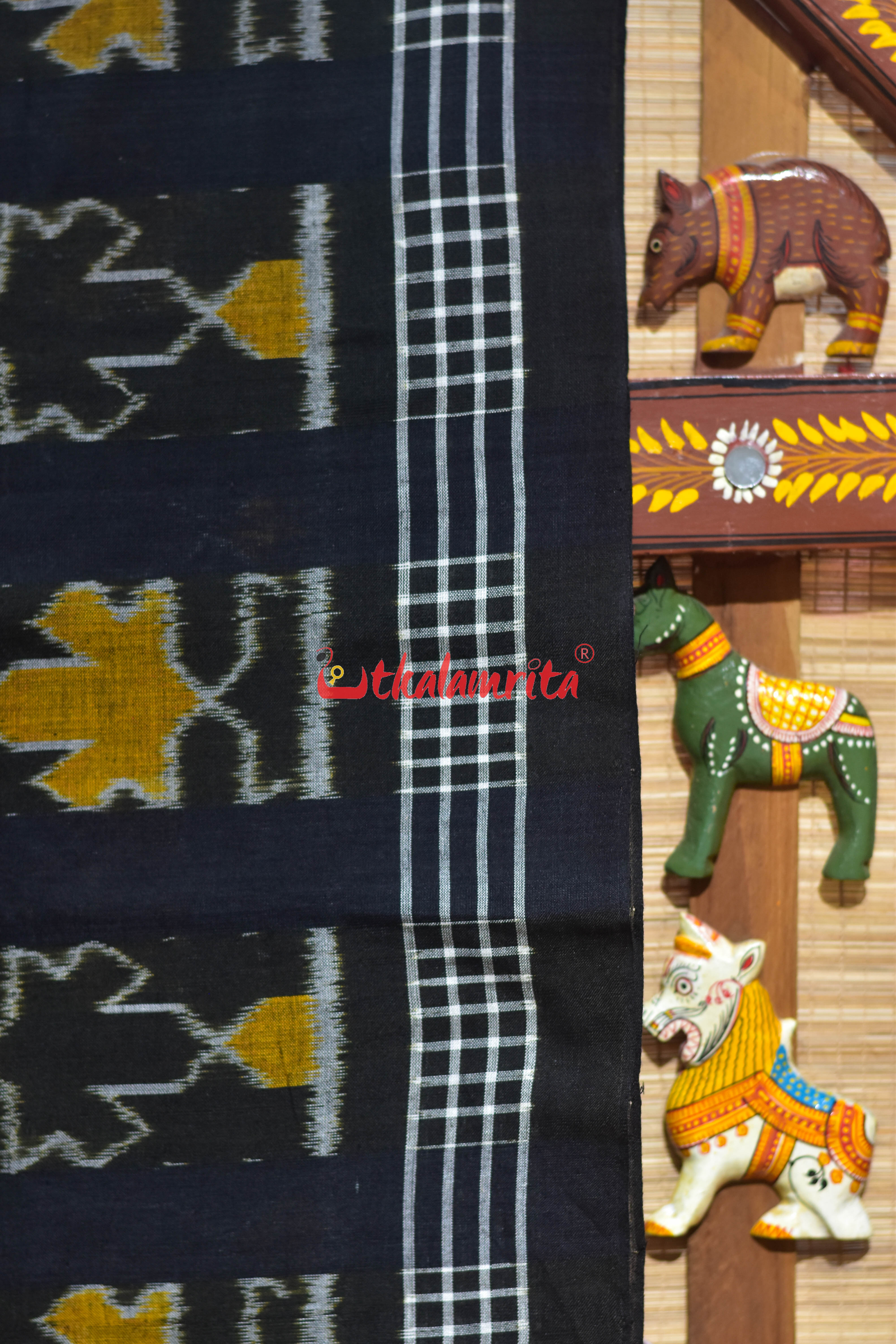 Kalara Patra Black Golden Khandua Ikat Cotton Saree