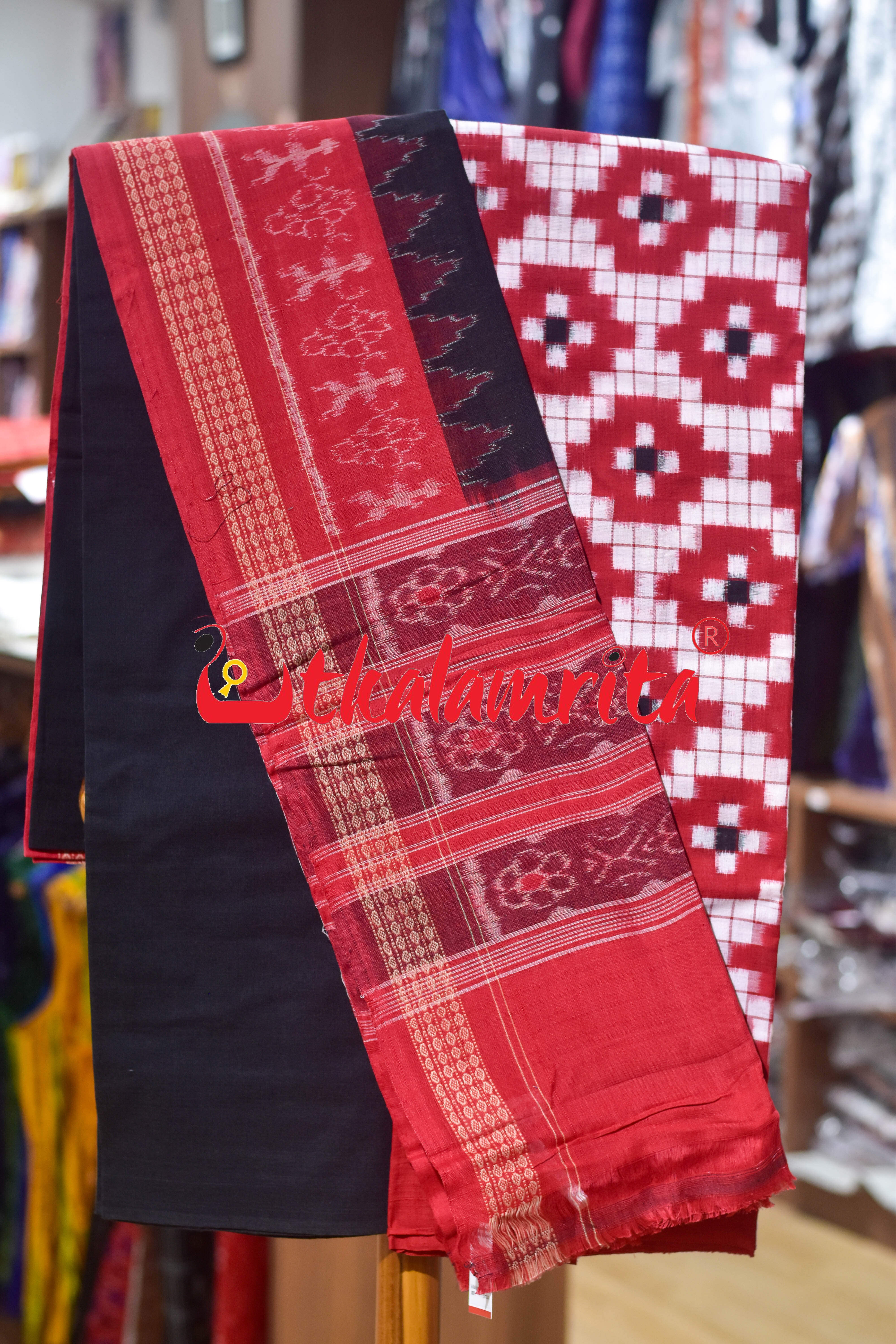 Red White Big Pasapali Sambalpuri Cotton Dress Set