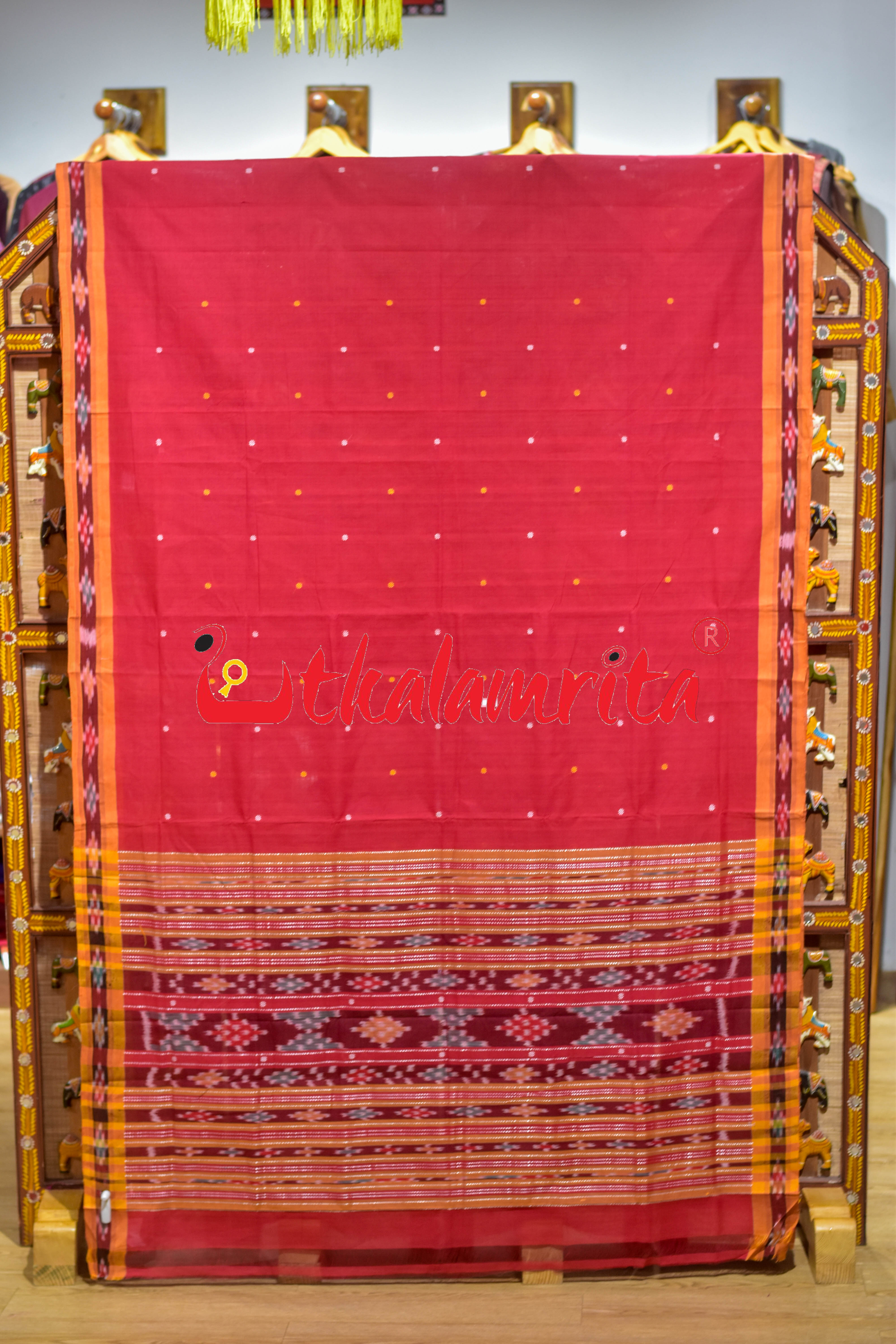 Red Yellow Single Buti Pittala Single Cotton Saree