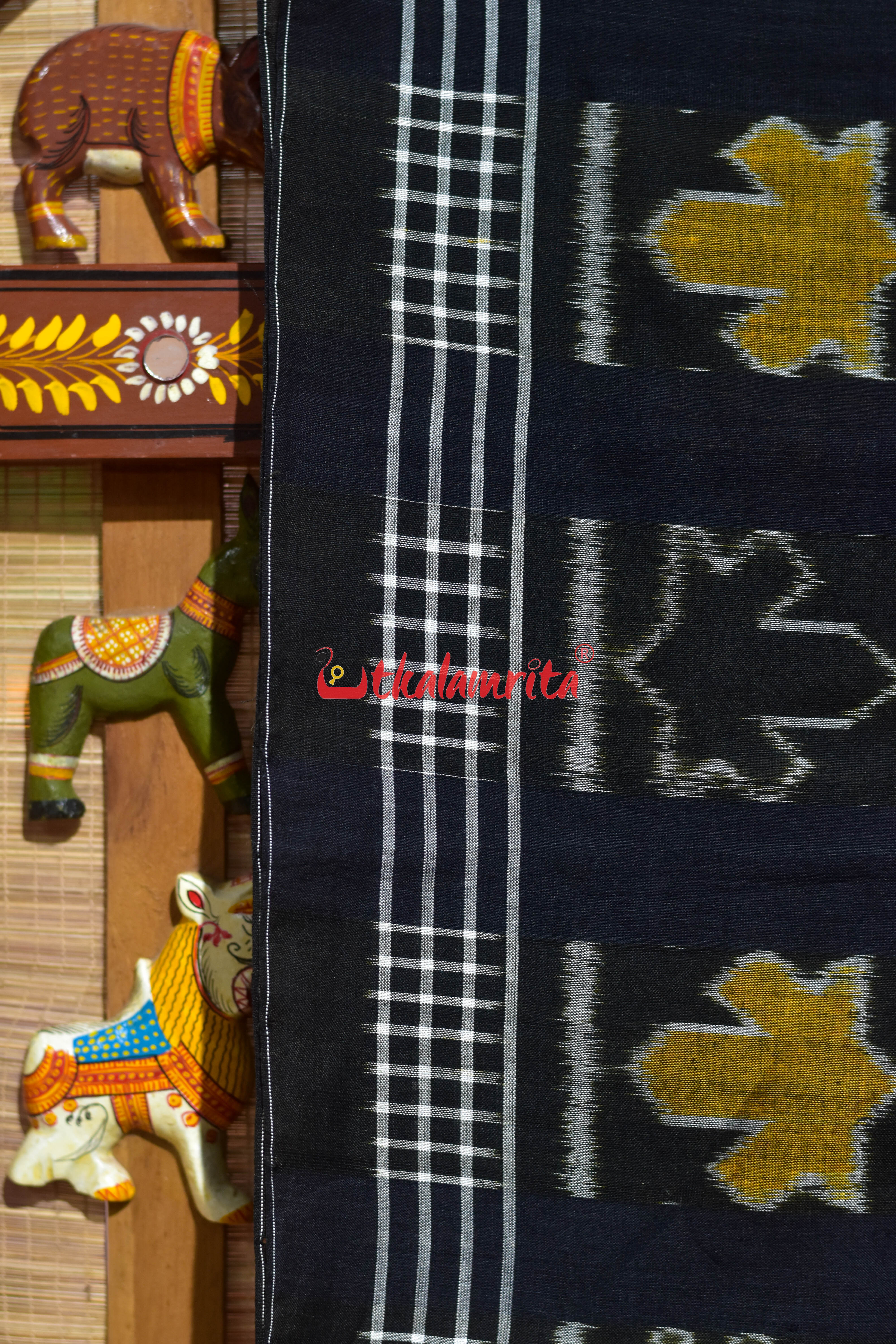 Kalara Patra Black Golden Khandua Ikat Cotton Saree