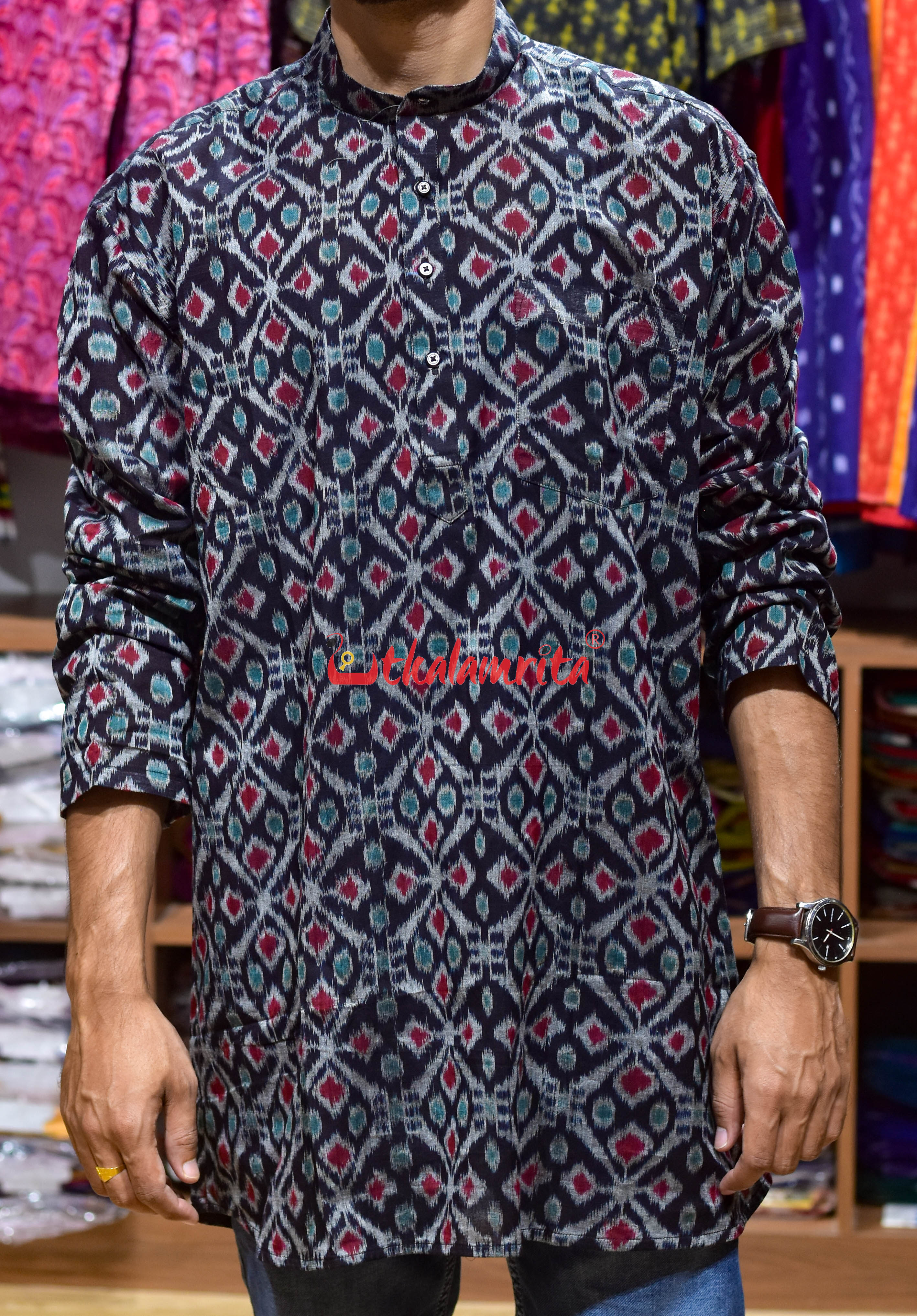 Black Flower Fusion (Men's Short Kurta)
