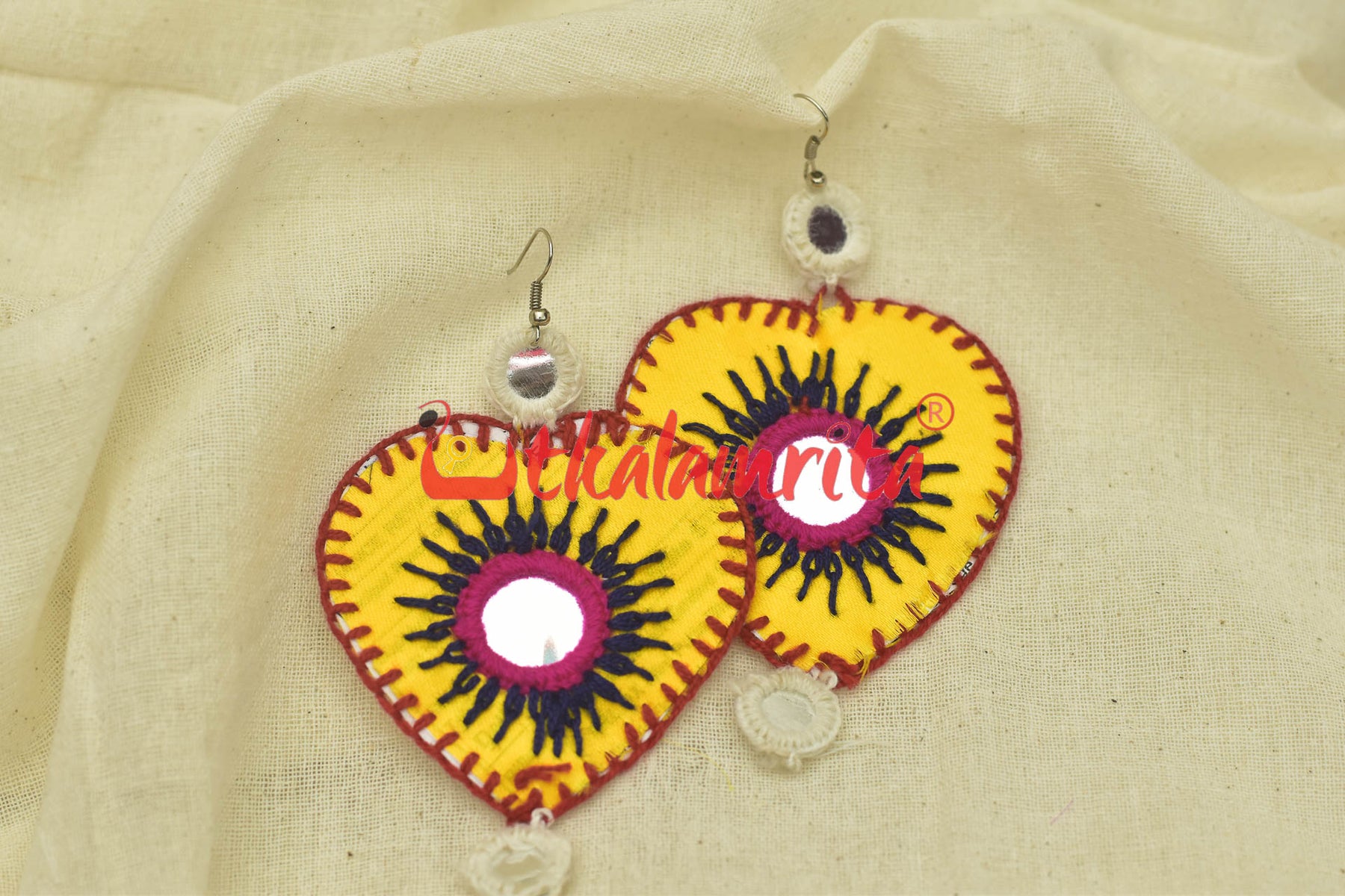 Yellow Hearts Double Mirrors (Pipli applique danglers)