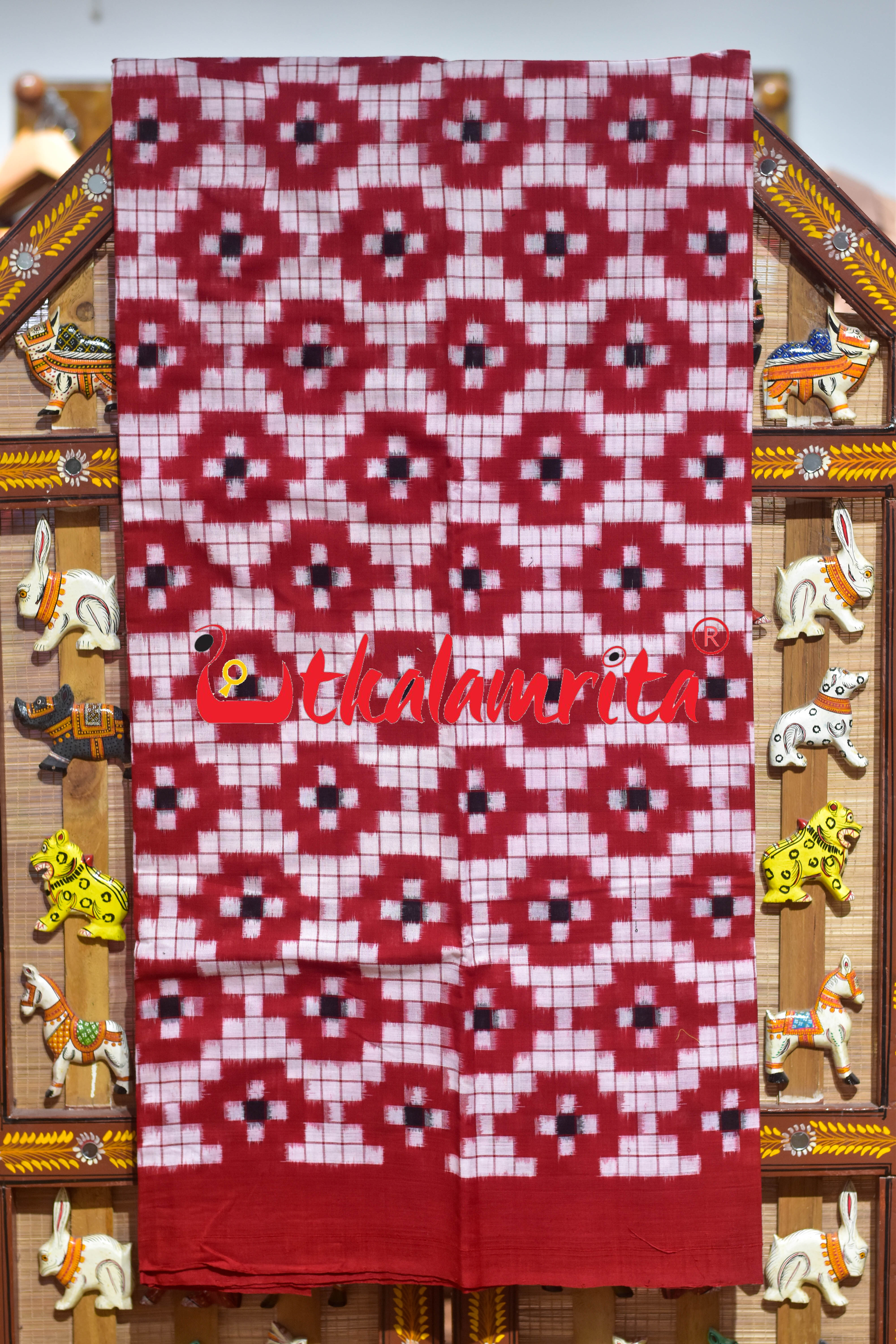 Red White Big Pasapali Sambalpuri Cotton Dress Set
