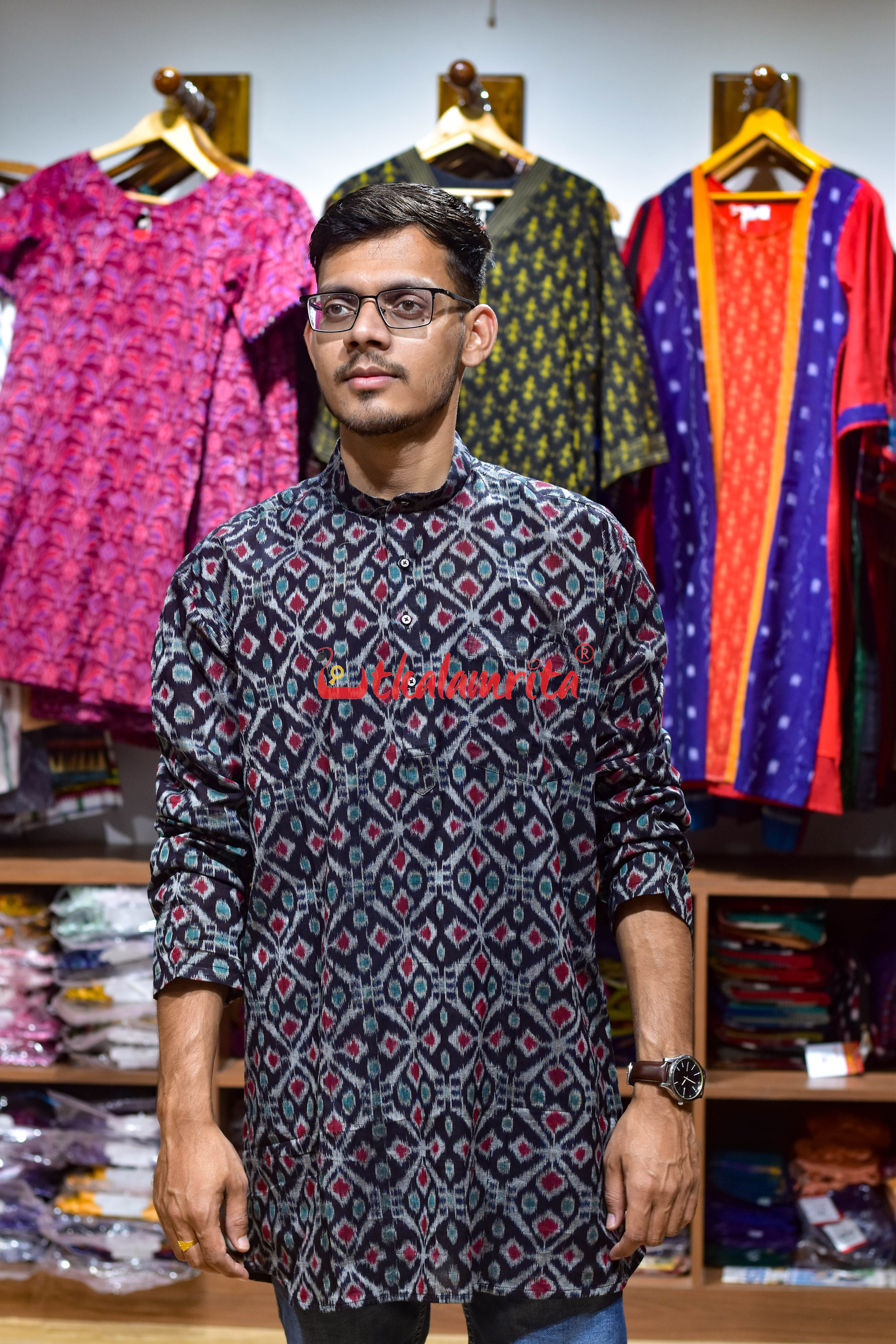 Black Flower Fusion (Men's Short Kurta)