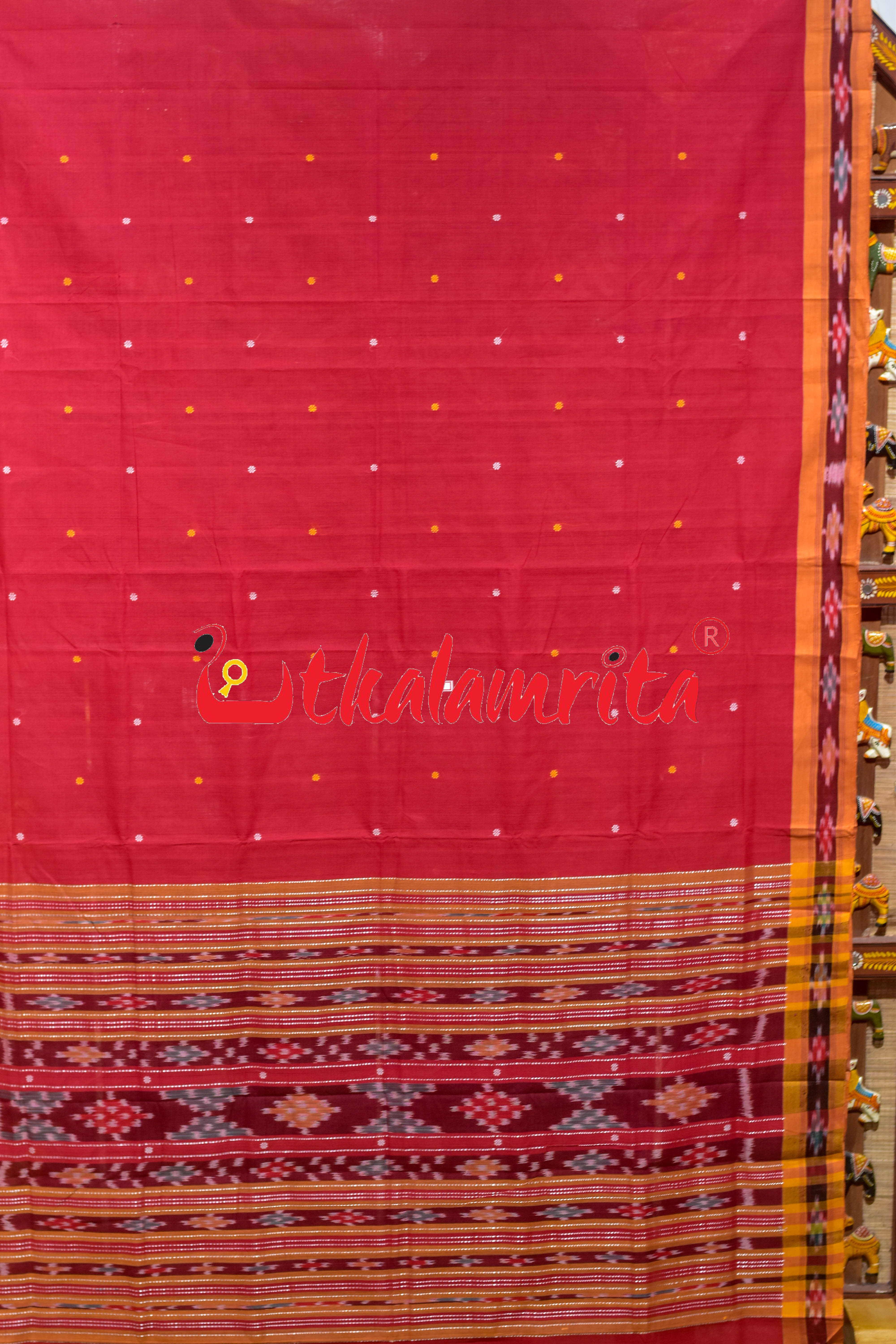 Red Yellow Single Buti Pittala Single Cotton Saree