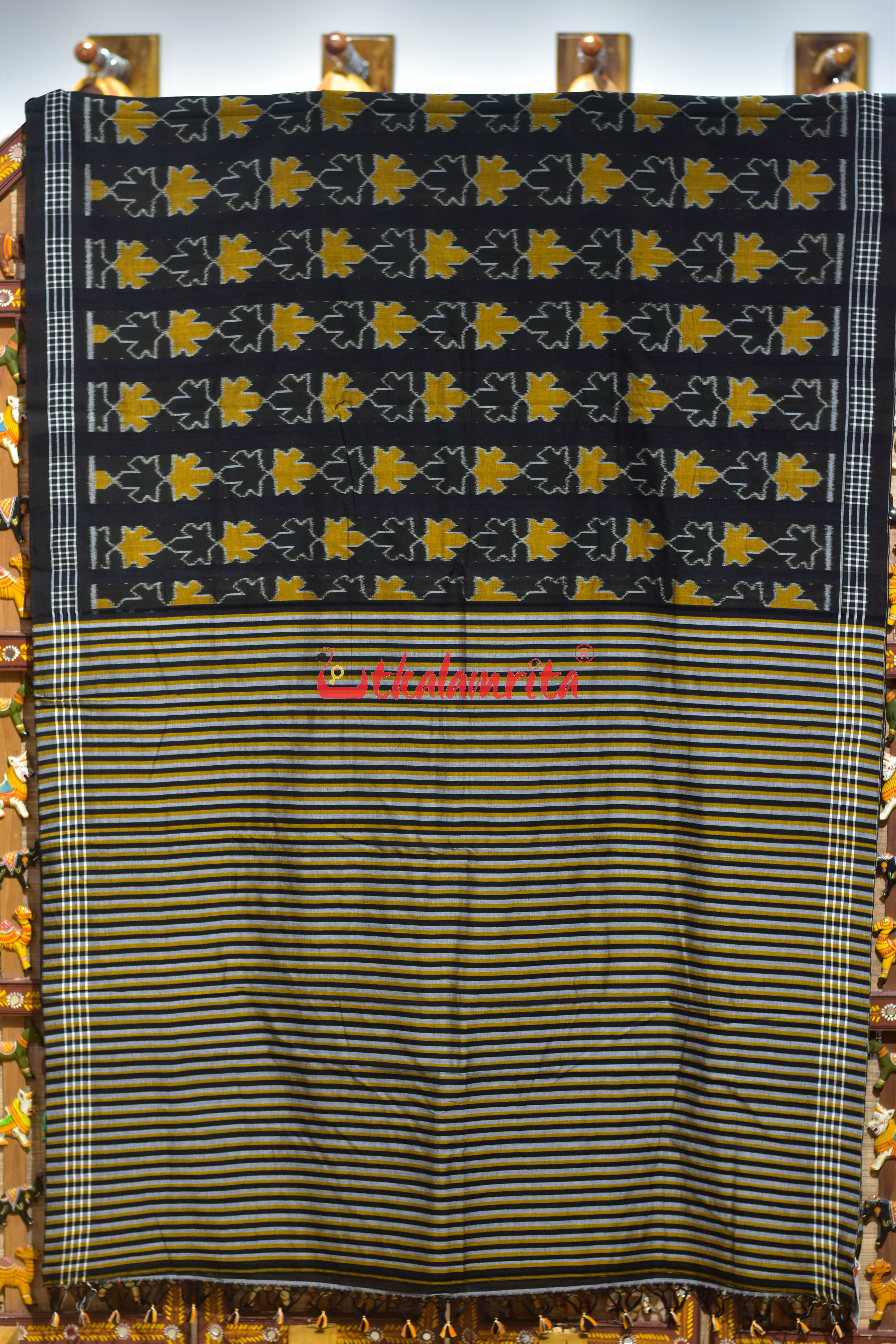 Kalara Patra Black Golden Khandua Ikat Cotton Saree