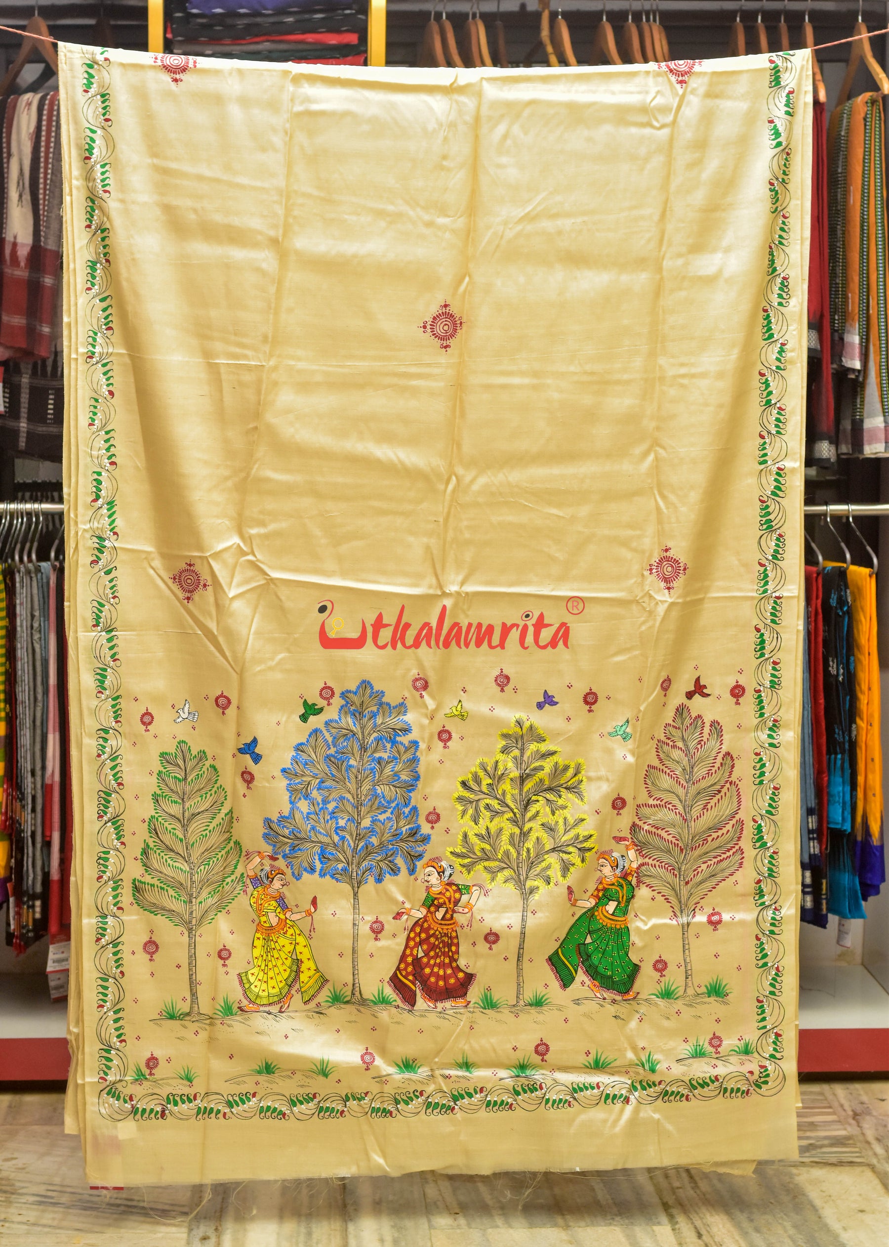 3 Dancer and Trees Pattachitra Tussar Silk Saree