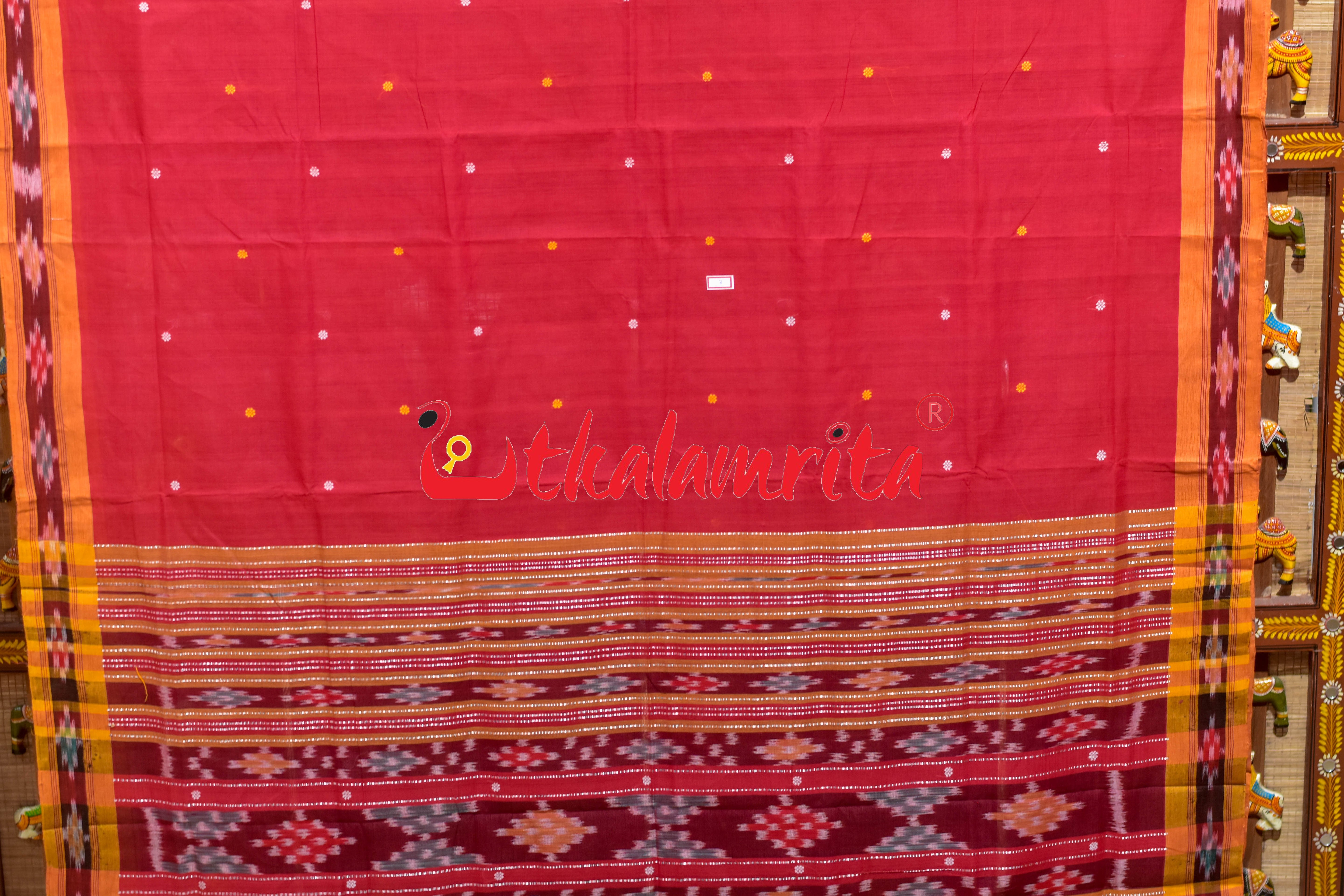 Red Yellow Single Buti Pittala Single Cotton Saree