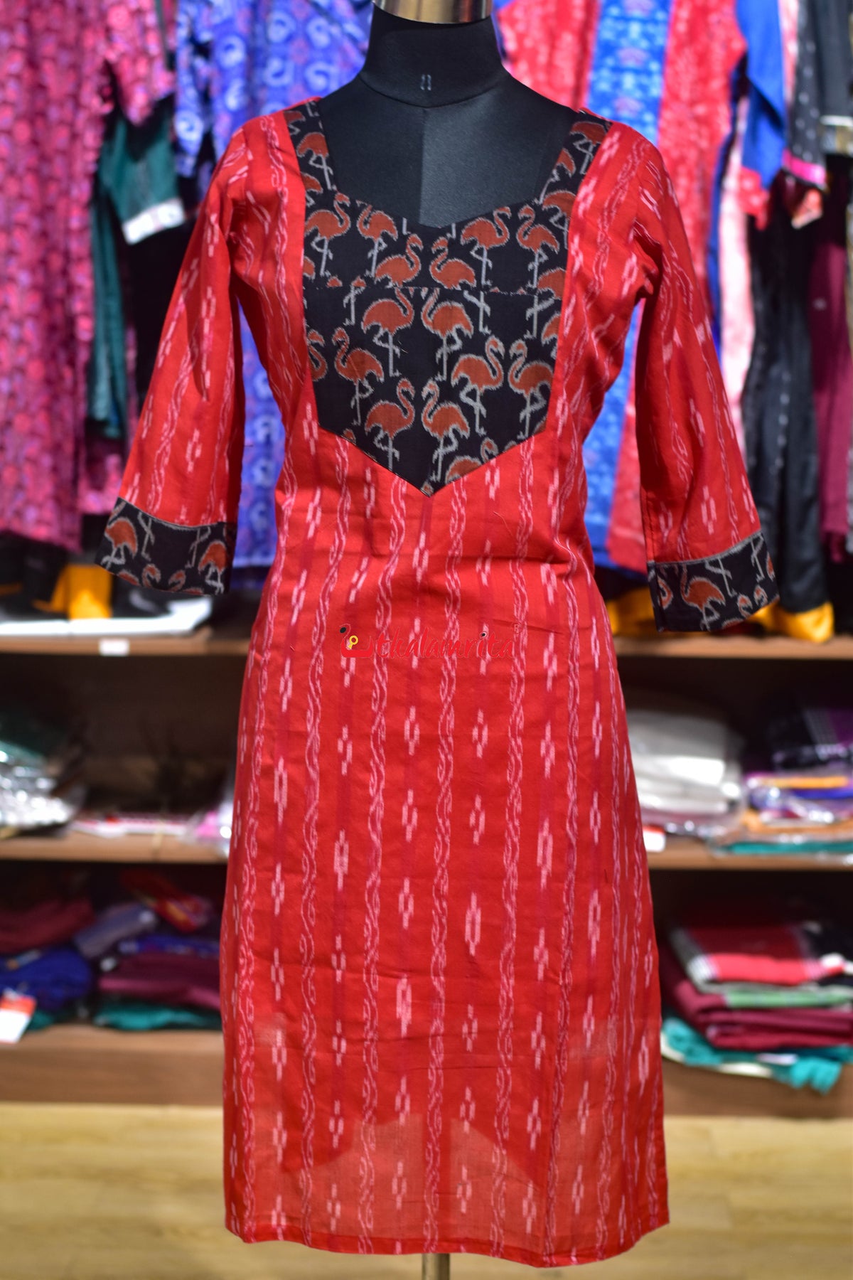 Red Lata Pasapali with Black Orange Cranes (Ladies' Kurti)