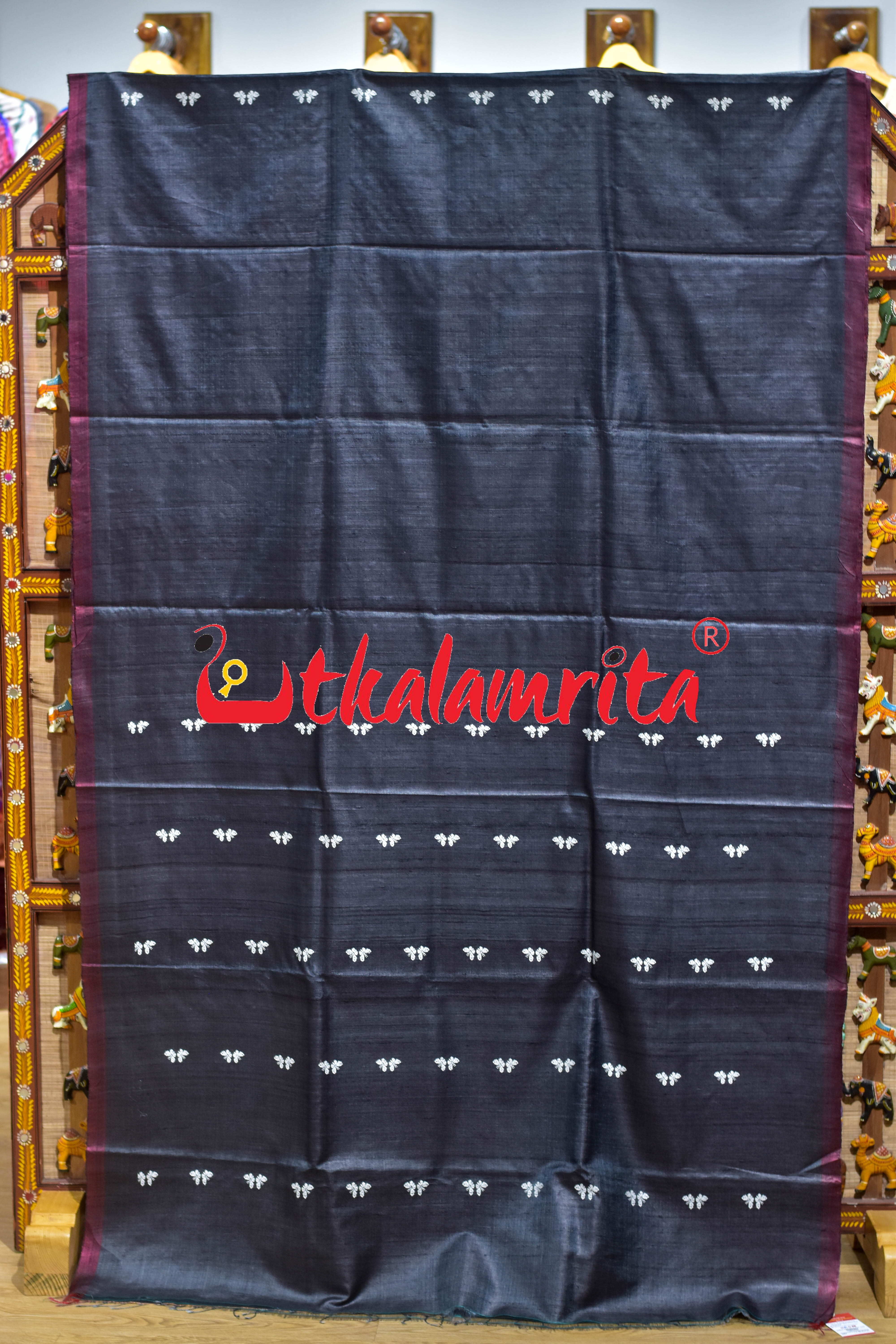 Black Maroon Butterfly Jala Anchal Gopalpur Tussar Silk Saree