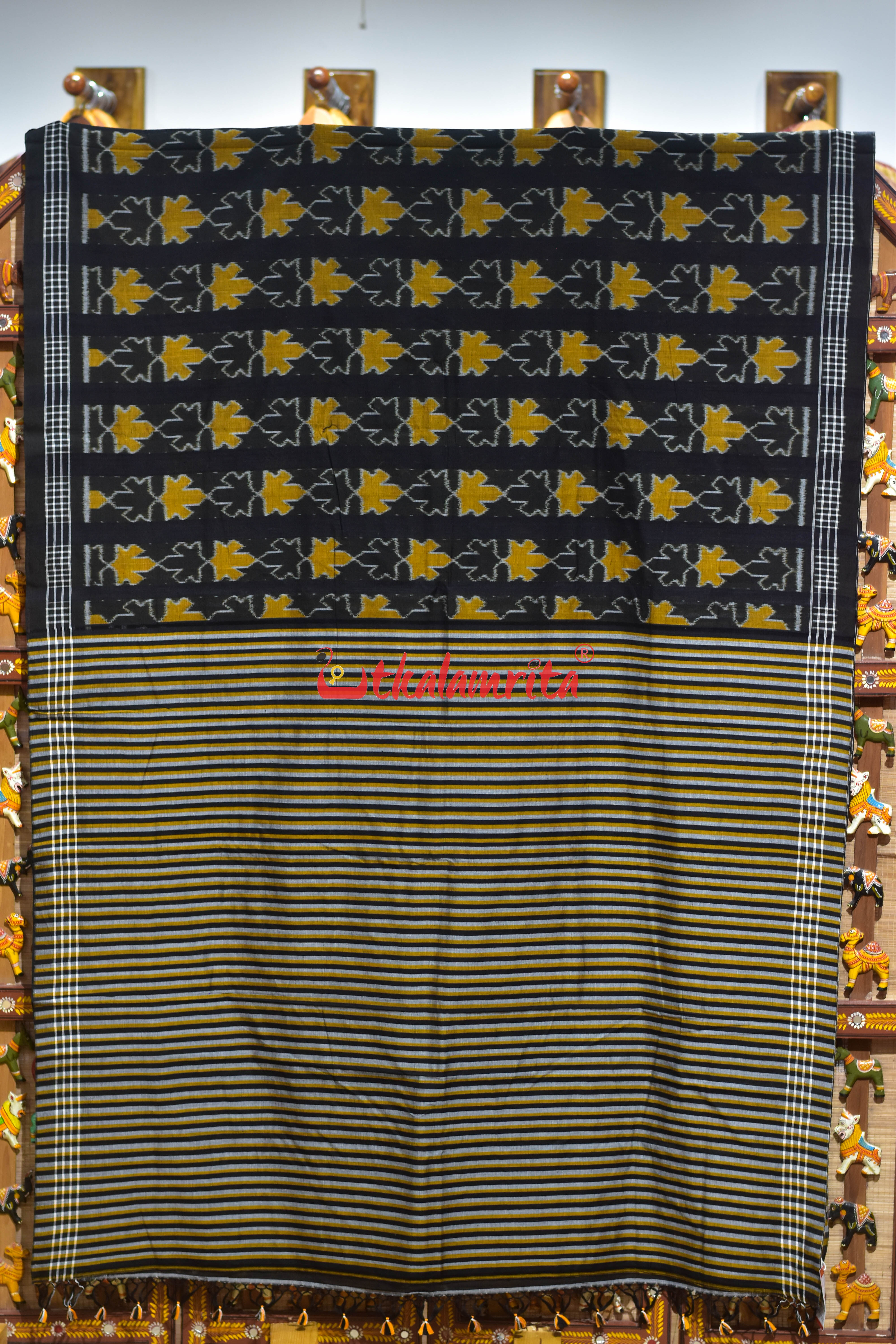 Kalara Patra Black Golden Khandua Ikat Cotton Saree