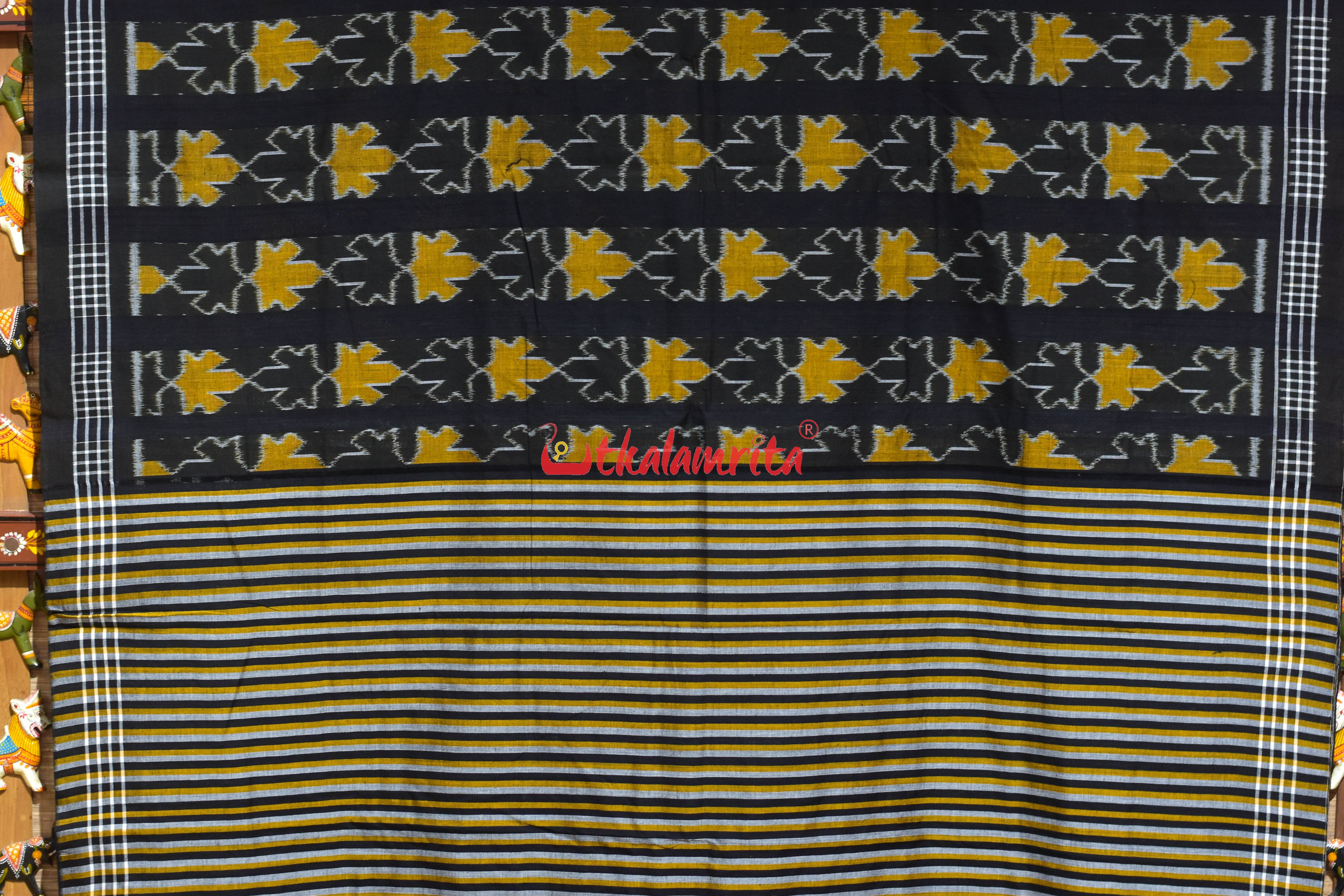 Kalara Patra Black Golden Khandua Ikat Cotton Saree
