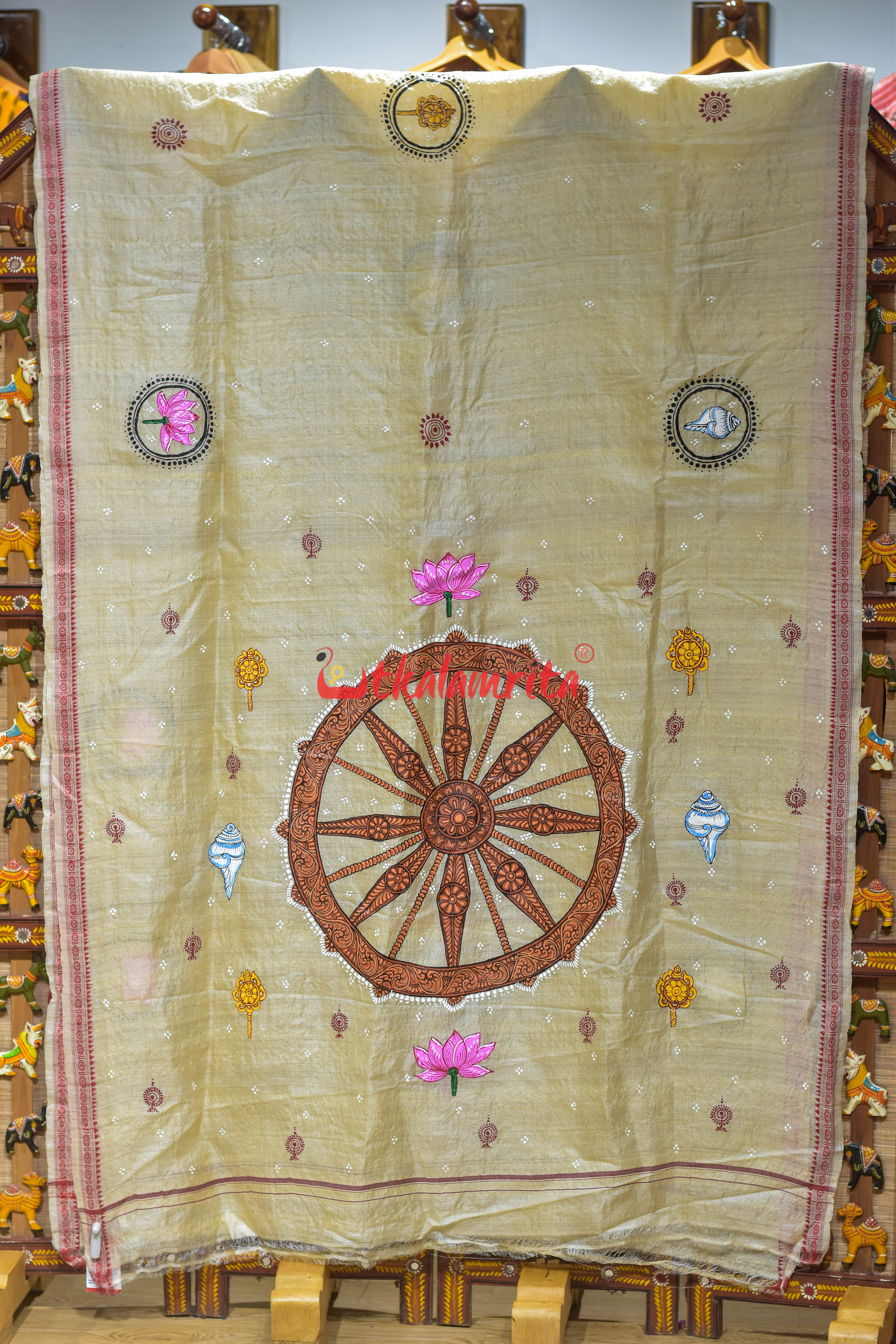 Natural Body Sankha Chakra Padma Pattachitra Tussar Silk Saree