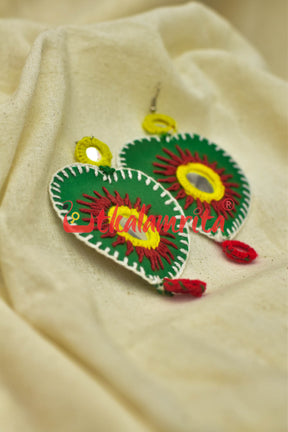 Green Hearts Double Mirrors (Pipli applique danglers)