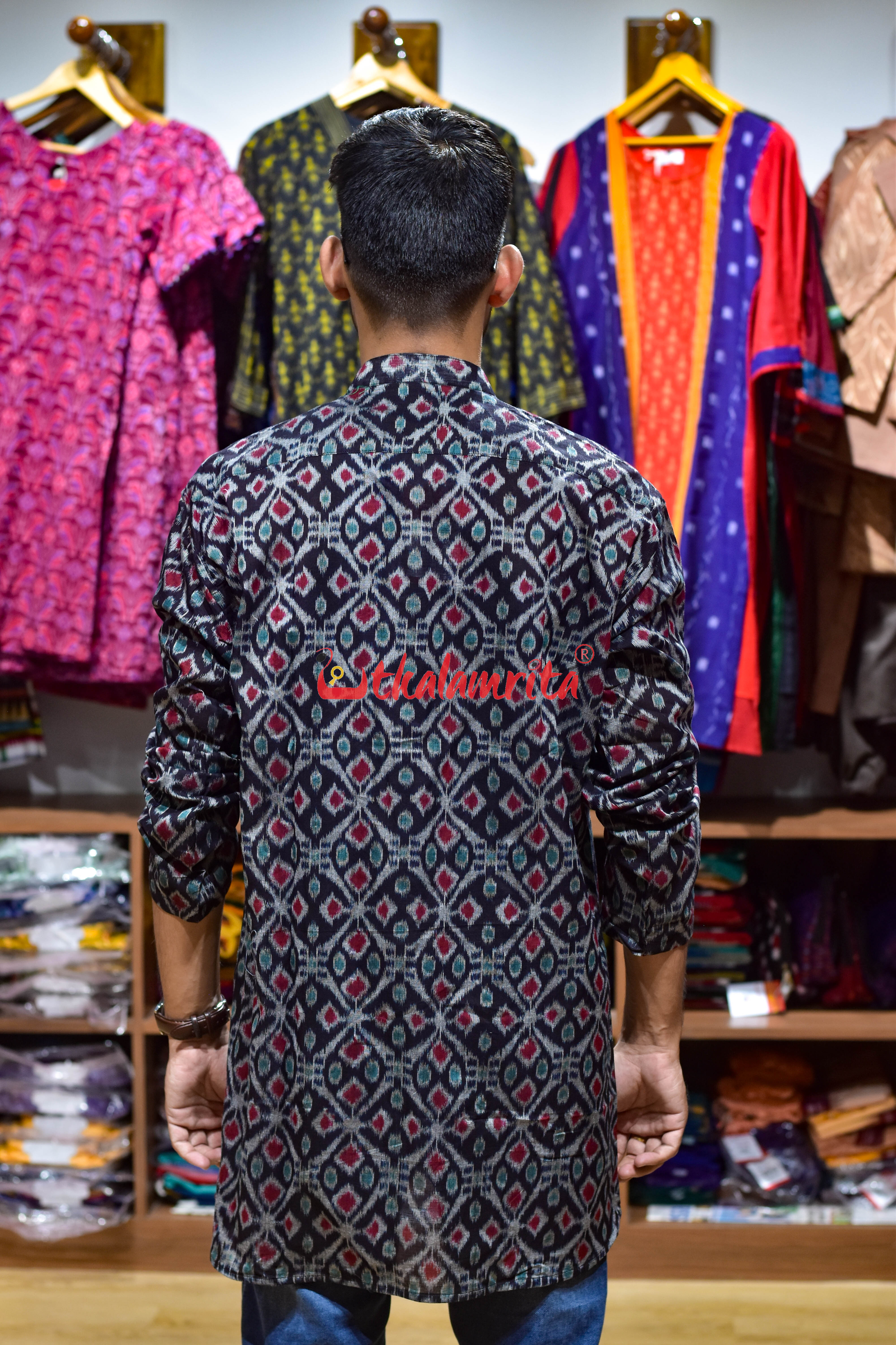 Black Flower Fusion (Men's Short Kurta)