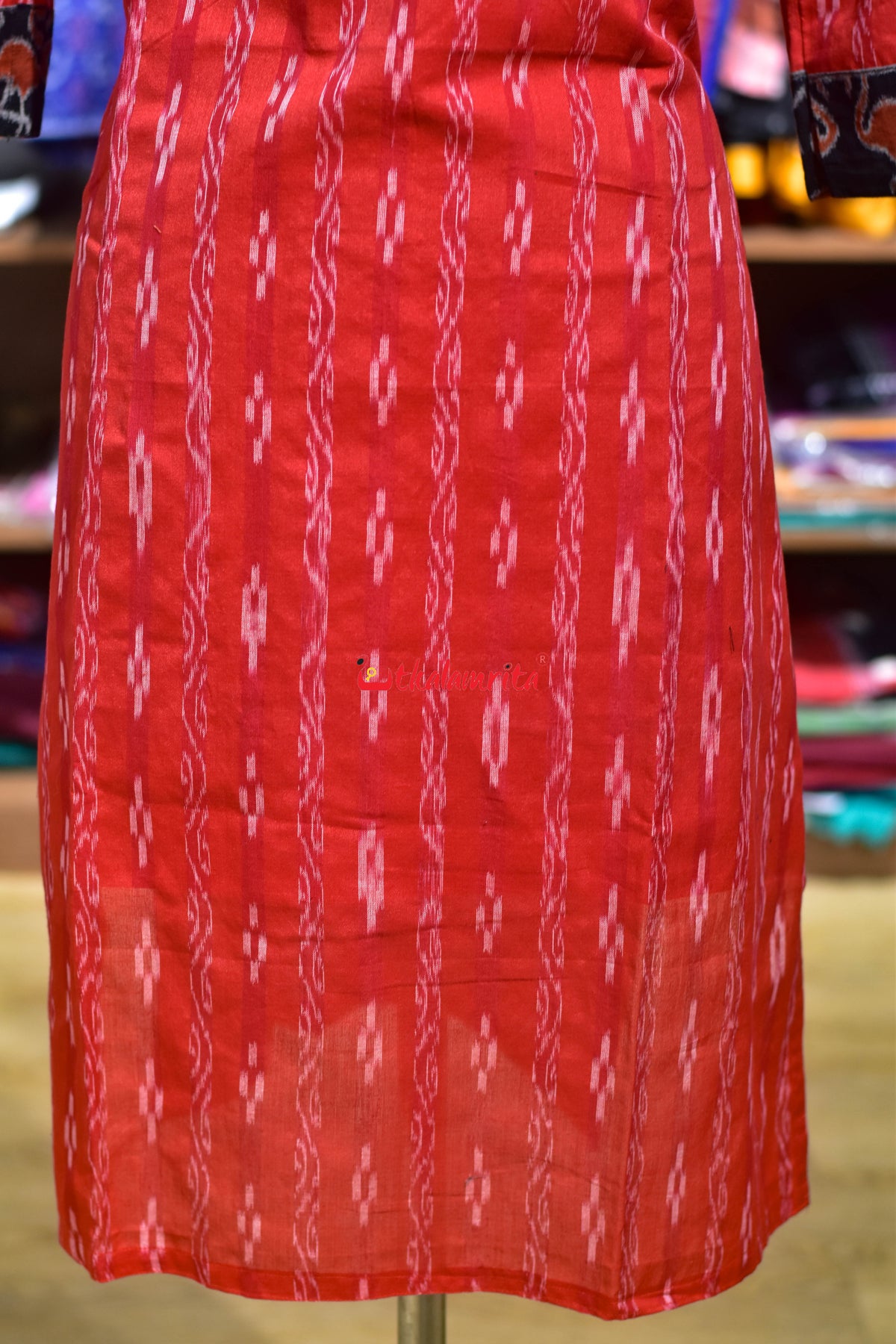 Red Lata Pasapali with Black Orange Cranes (Ladies' Kurti)