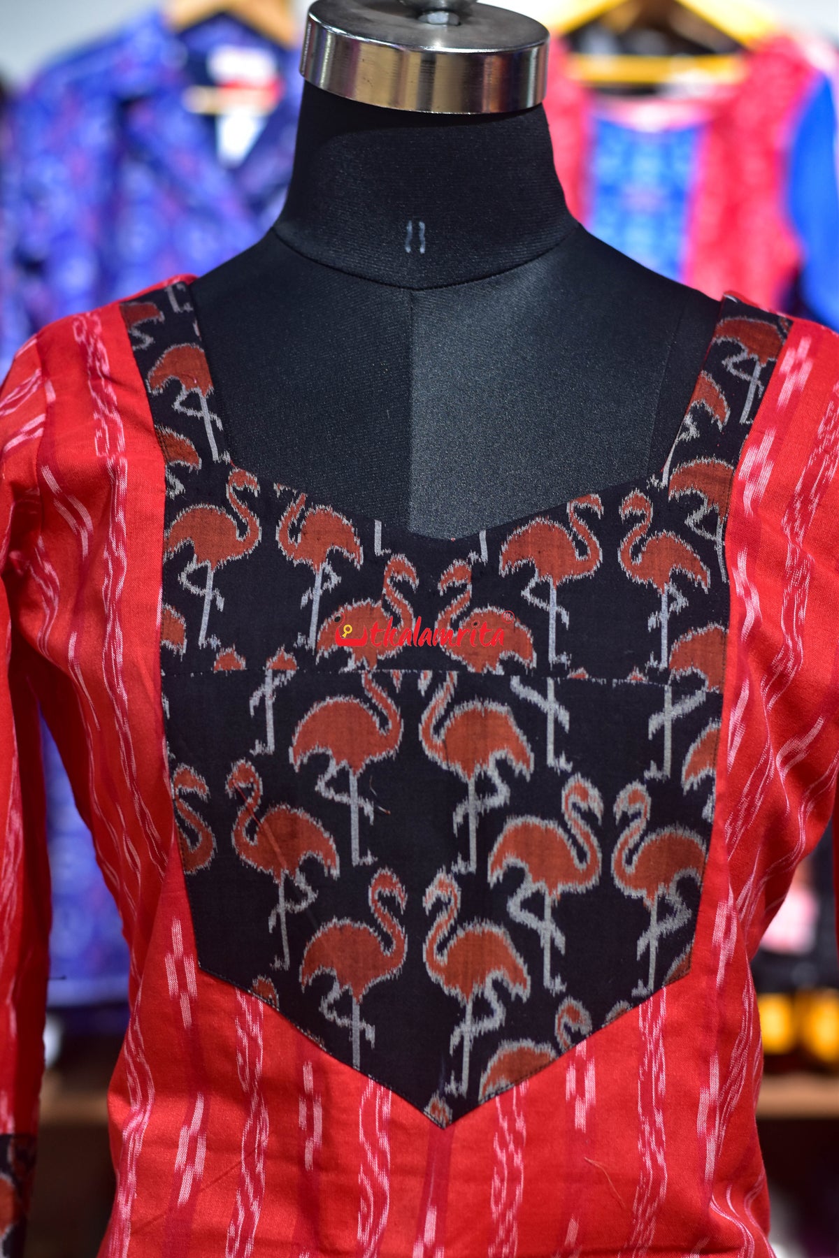 Red Lata Pasapali with Black Orange Cranes (Ladies' Kurti)