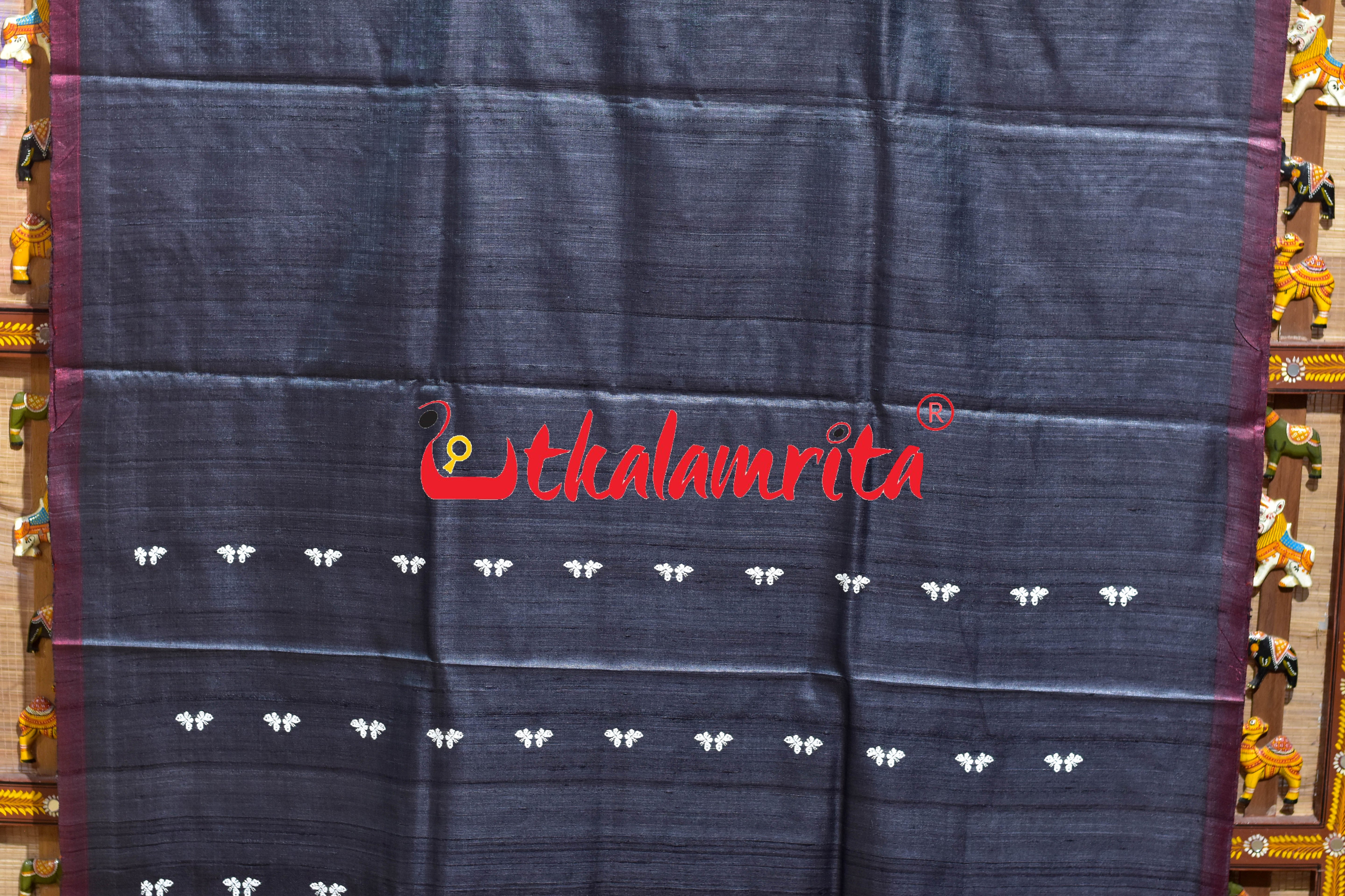 Black Maroon Butterfly Jala Anchal Gopalpur Tussar Silk Saree