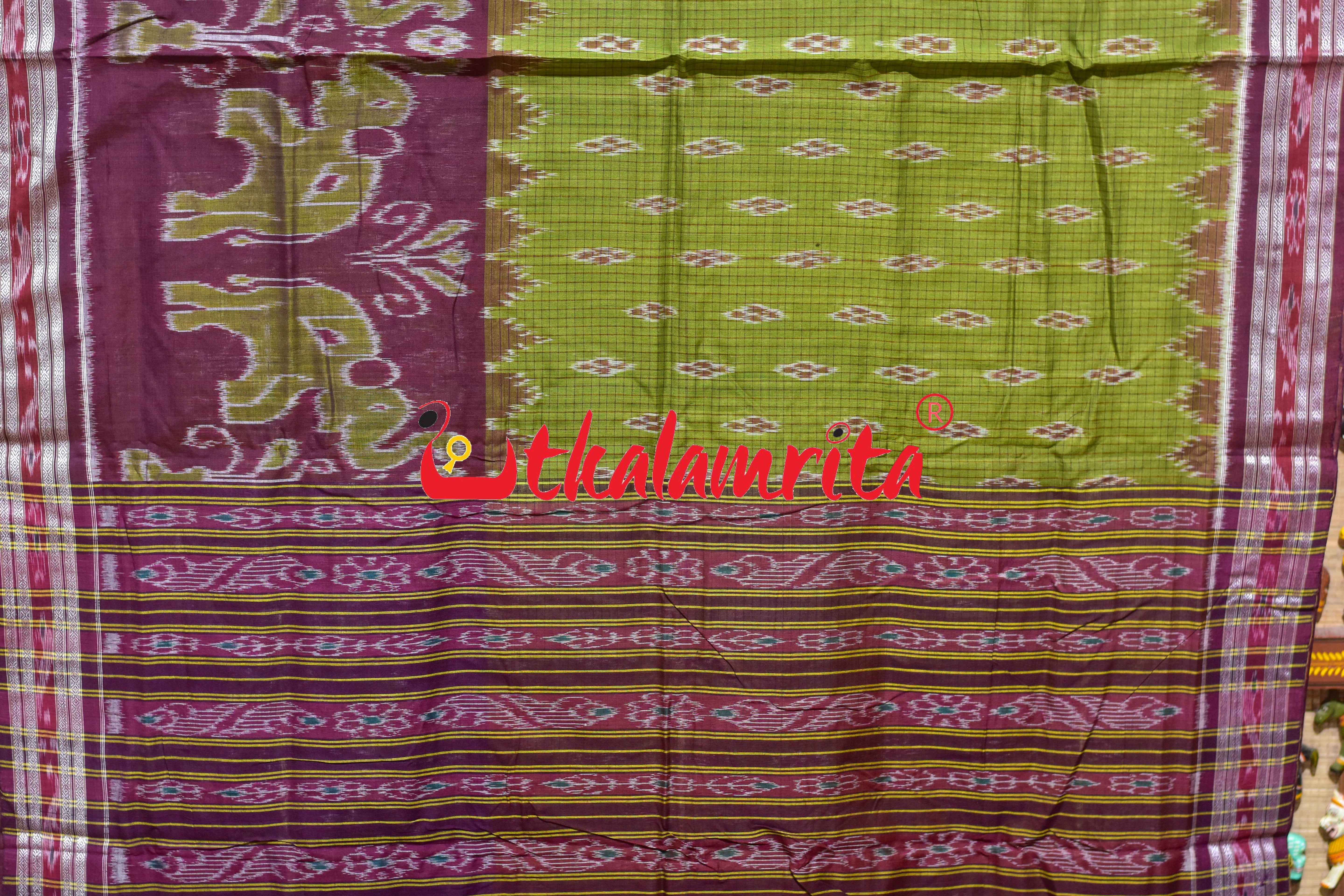 Mehndi Wine Elephant Scot Khandua Cotton Saree