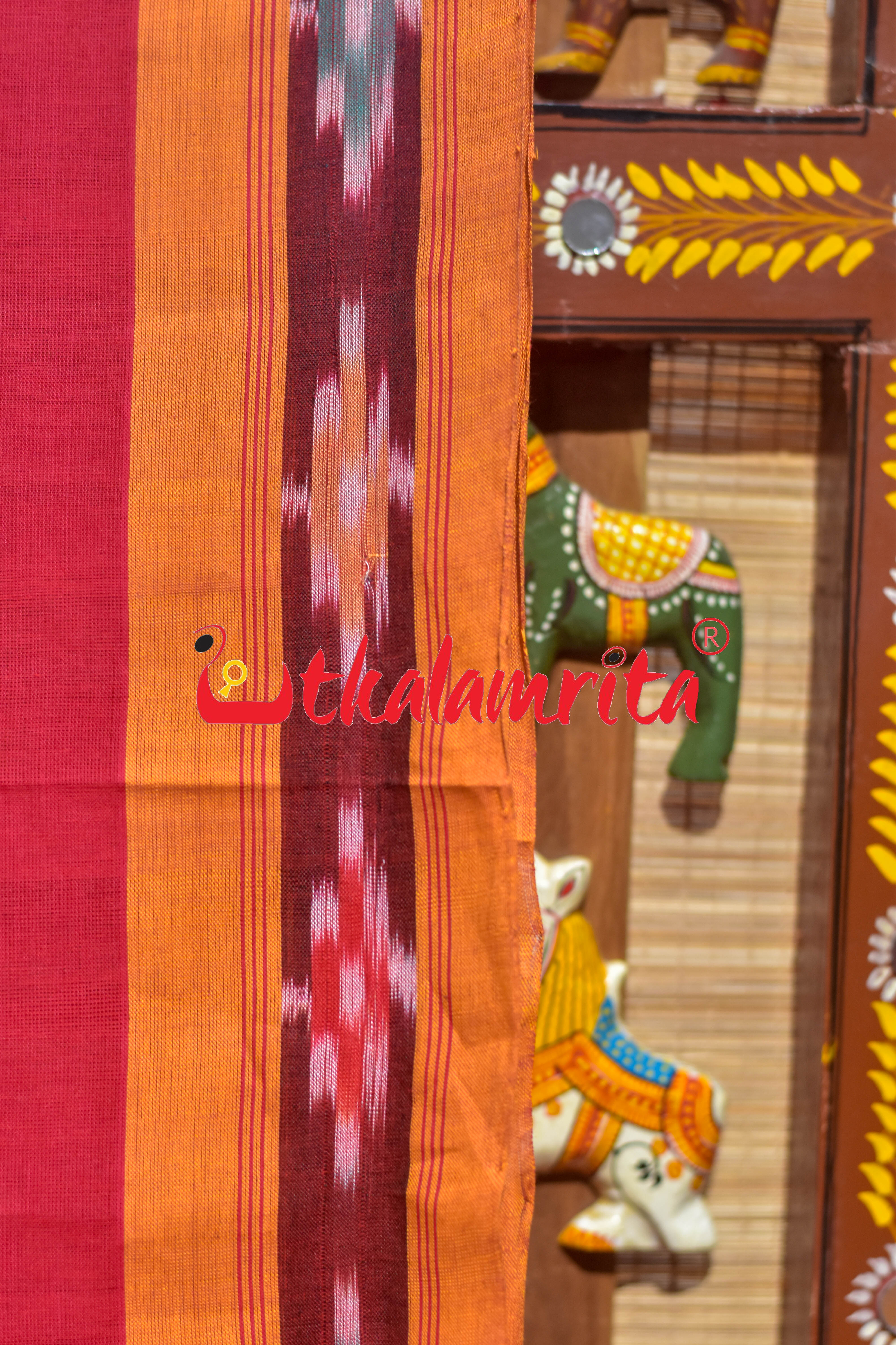 Red Yellow Single Buti Pittala Single Cotton Saree
