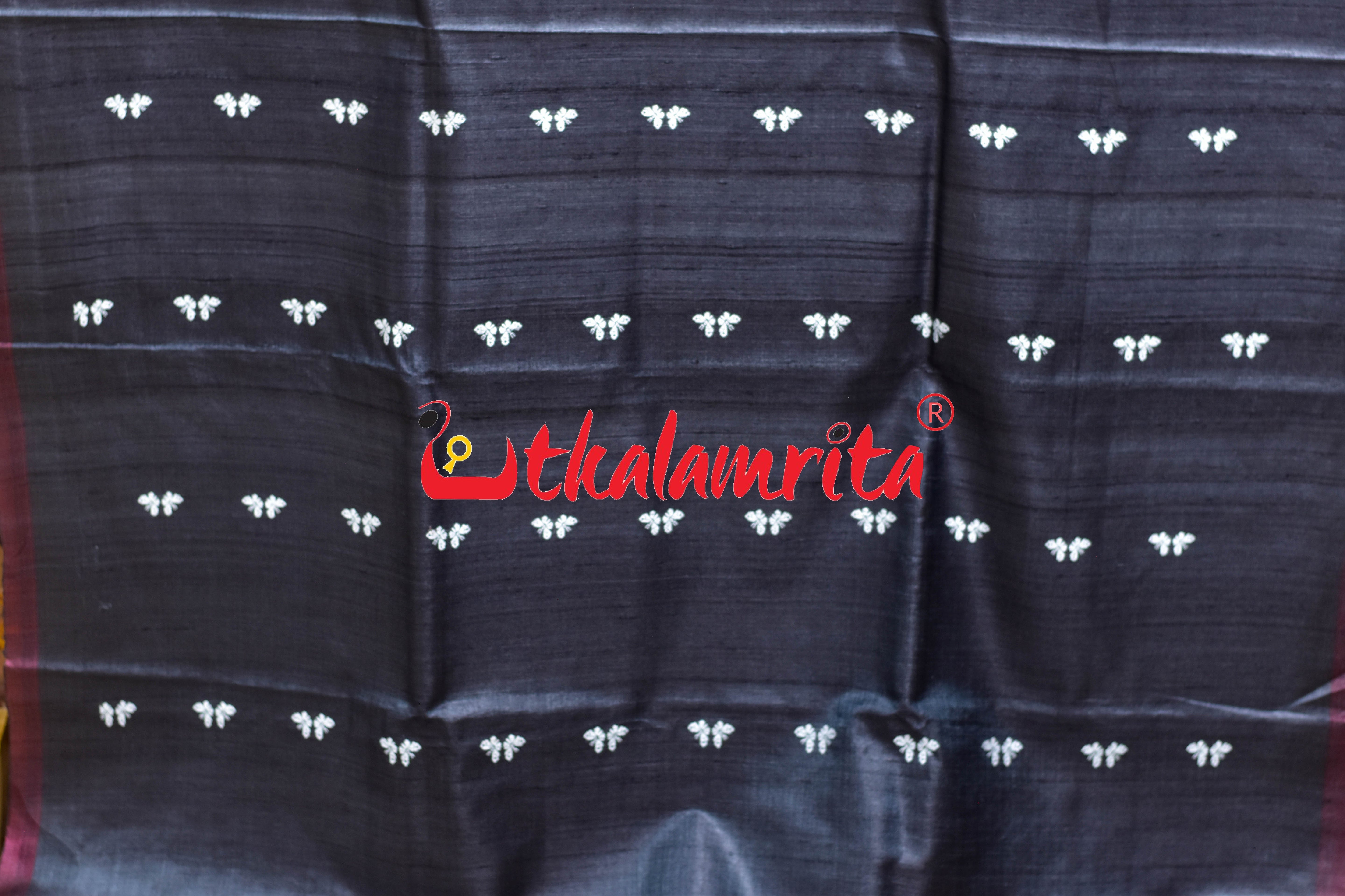 Black Maroon Butterfly Jala Anchal Gopalpur Tussar Silk Saree