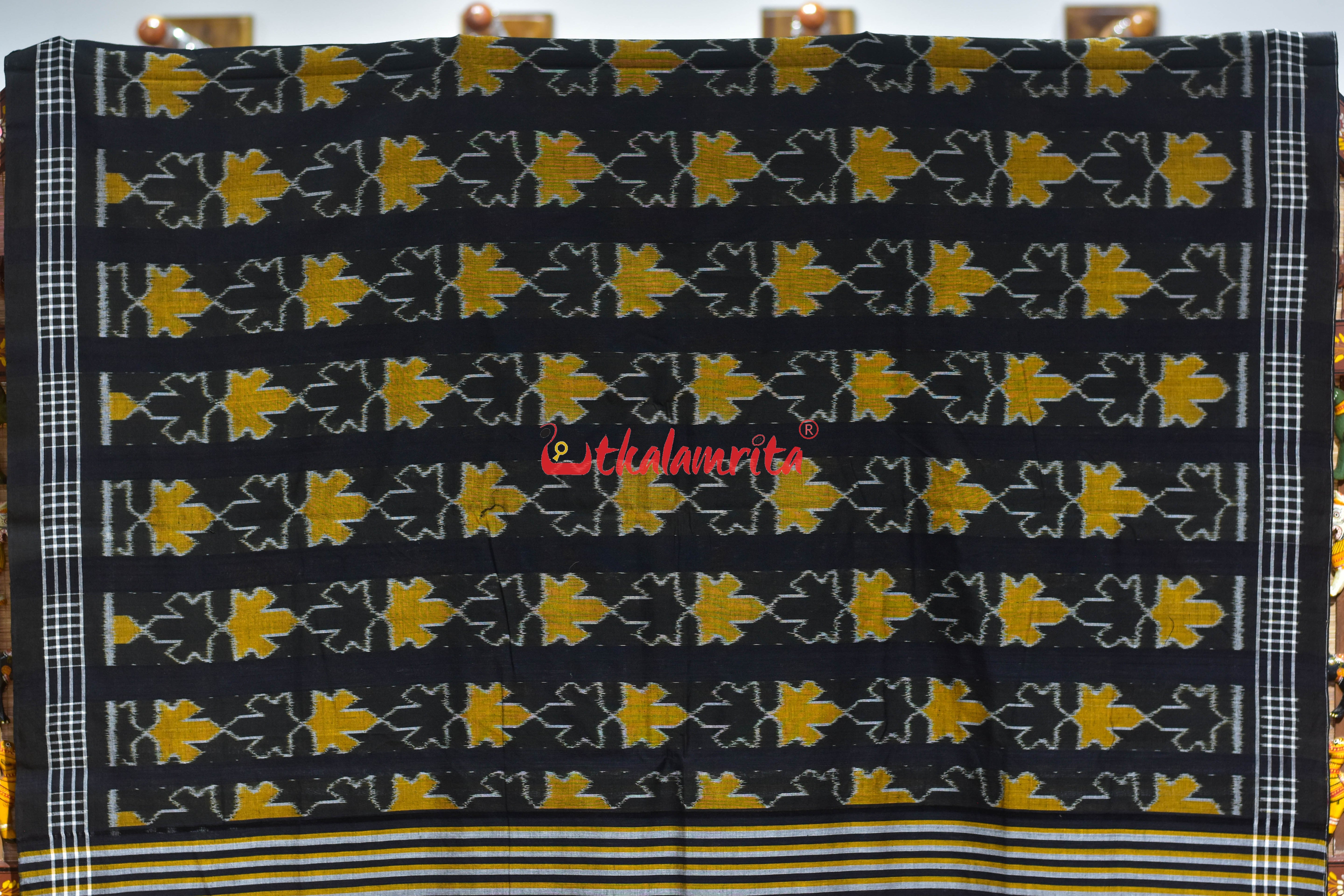 Kalara Patra Black Golden Khandua Ikat Cotton Saree