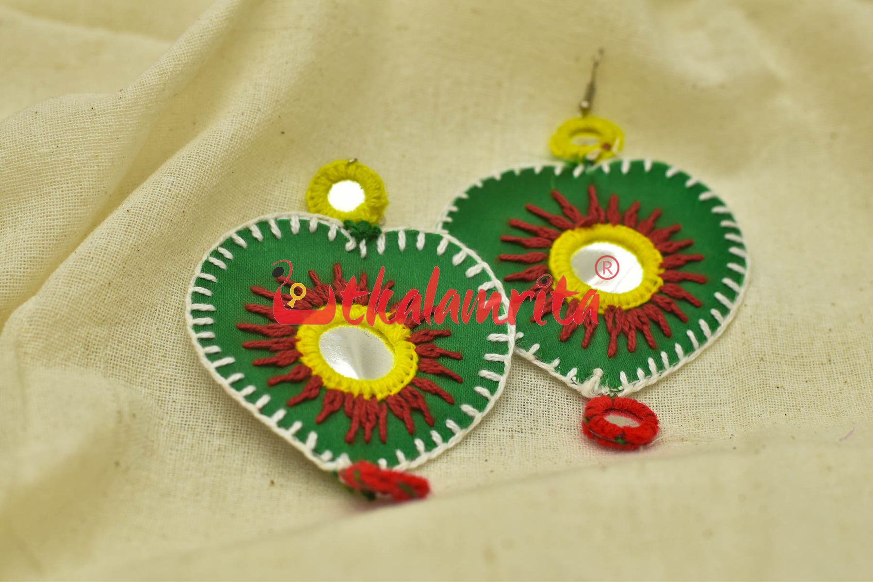 Green Hearts Double Mirrors (Pipli applique danglers)