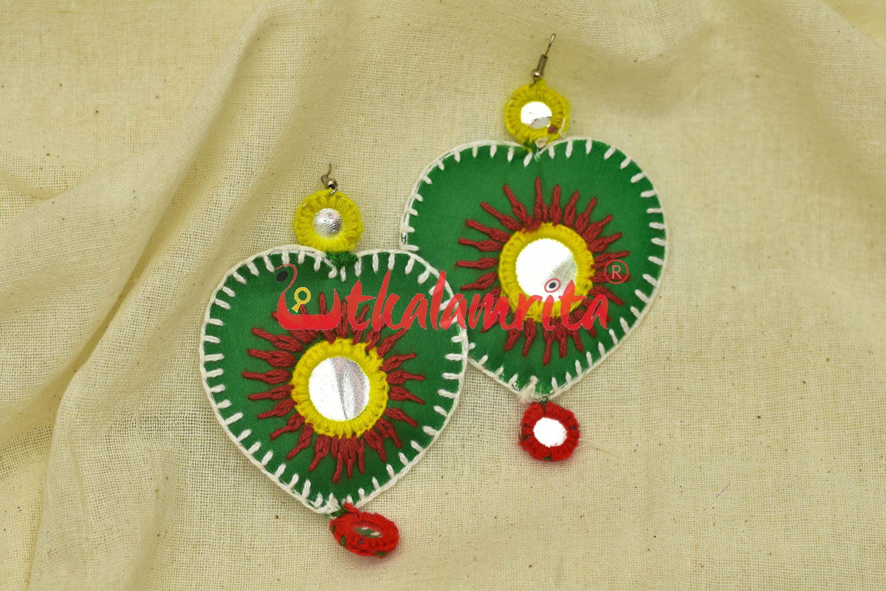 Green Hearts Double Mirrors (Pipli applique danglers)