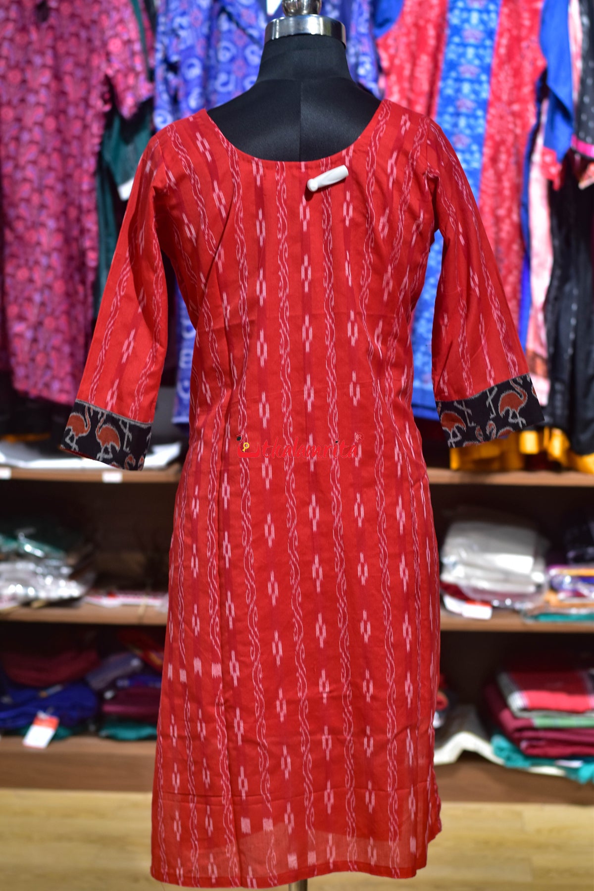 Red Lata Pasapali with Black Orange Cranes (Ladies' Kurti)