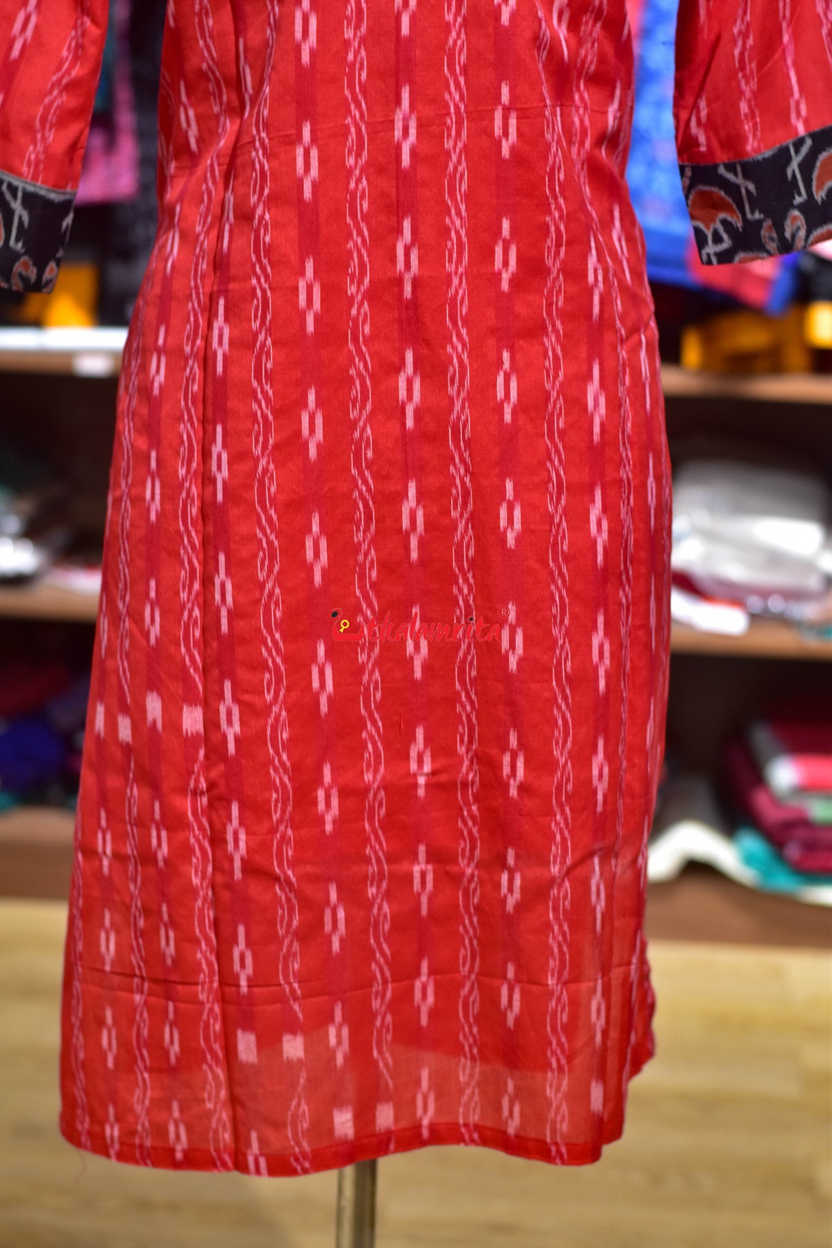 Red Lata Pasapali with Black Orange Cranes (Ladies' Kurti)