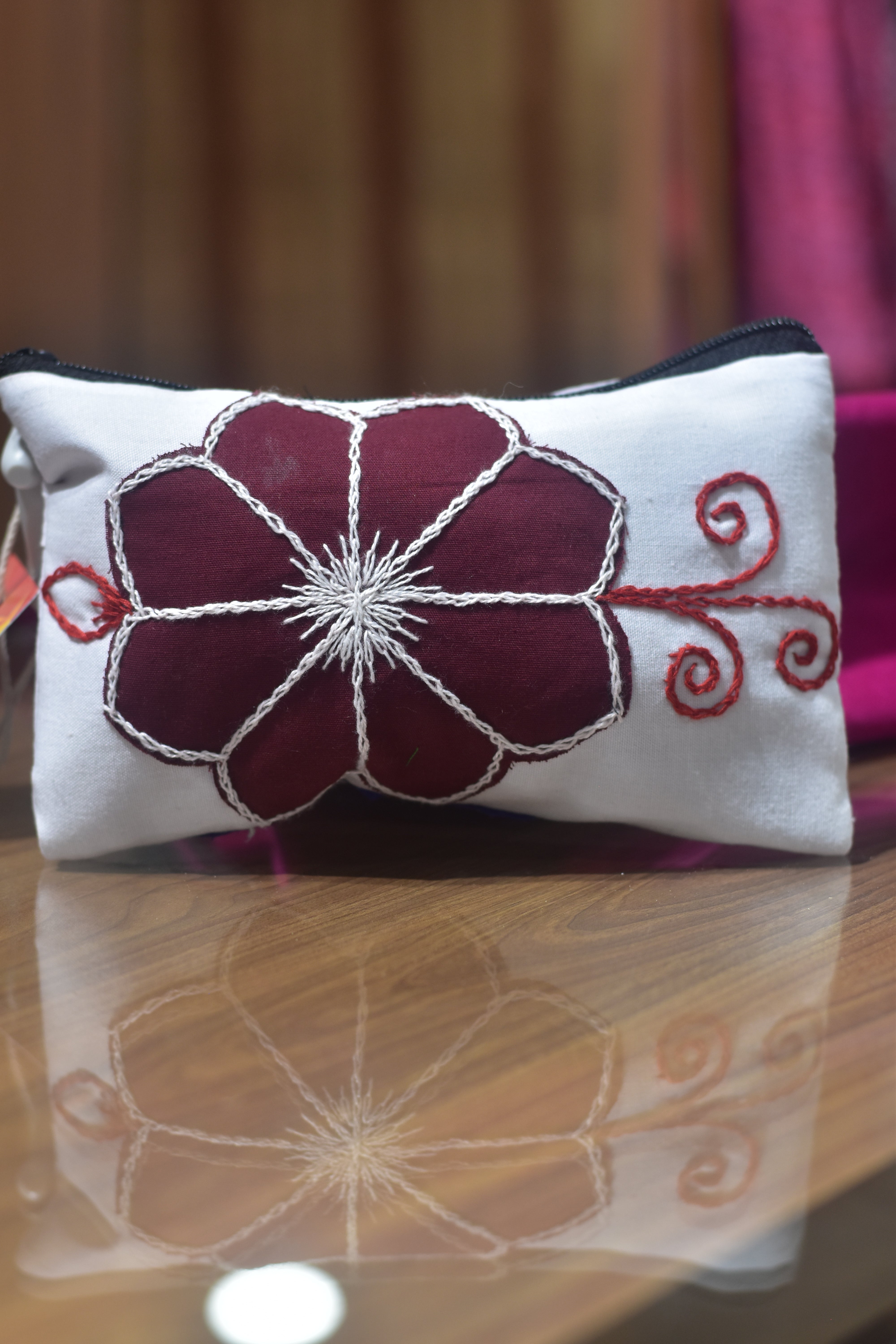 White Blue Elephant Maroon Flower Pipli Applique Purse